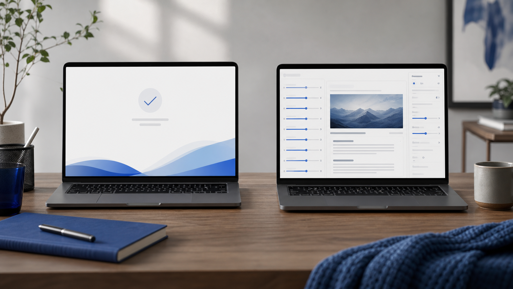 Two laptop screens side by side on a desk — left screen showing a clean, minimal "publishing complete" notification interface; right screen showing a dense dashboard with 12 sliders, drag handles, and an editor. Illustrates the automation-v