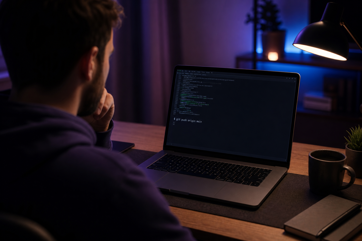 A developer's laptop screen at night showing a terminal with `git push origin main` executed, viewed over the shoulder. Mood: late-night-mistake atmosphere.