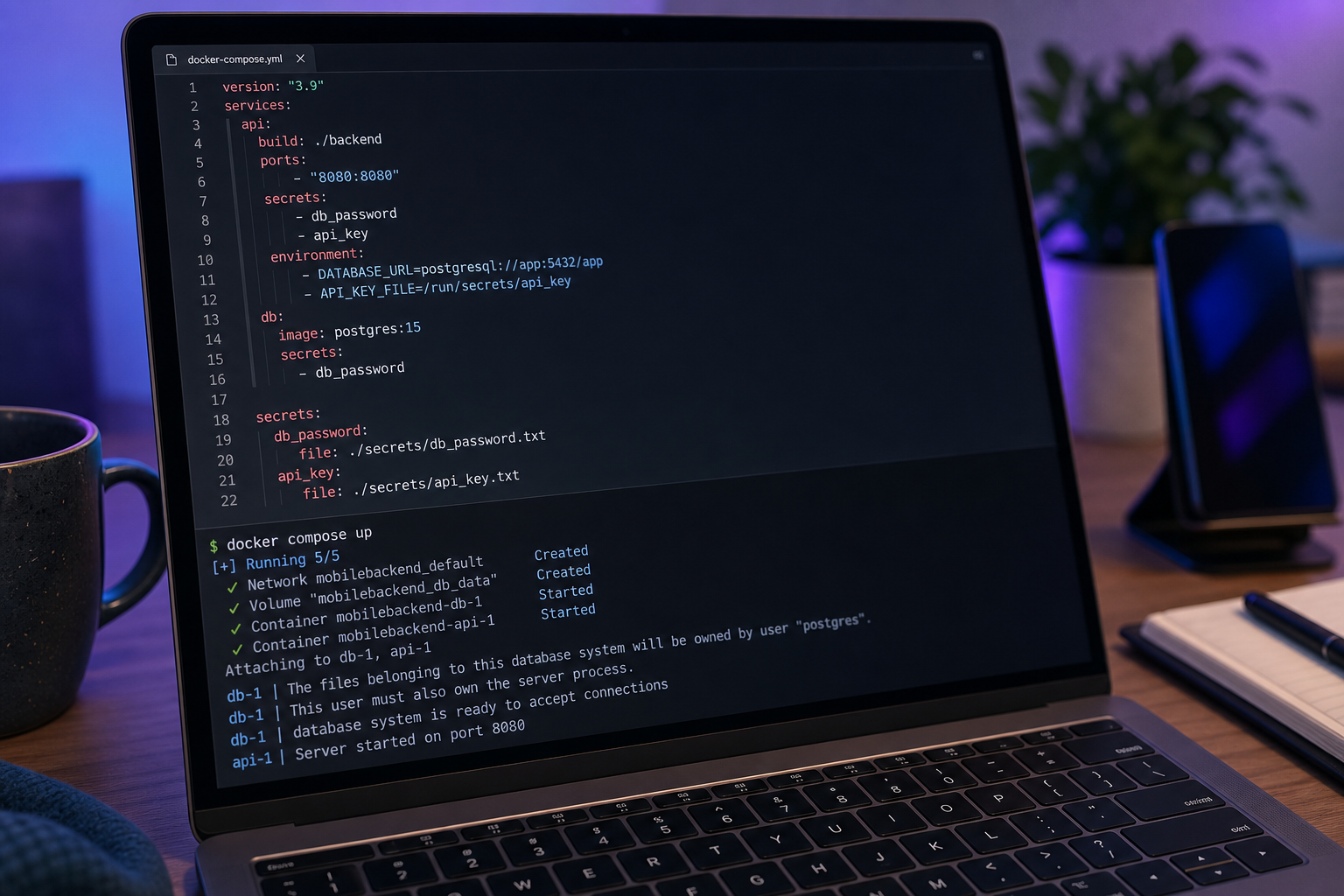 Close-up of a developer's IDE screen showing a docker-compose.yml file with a `secrets:` block visible, terminal pane below showing `docker compose up` output. Composition: split screen, code editor top, terminal bottom.