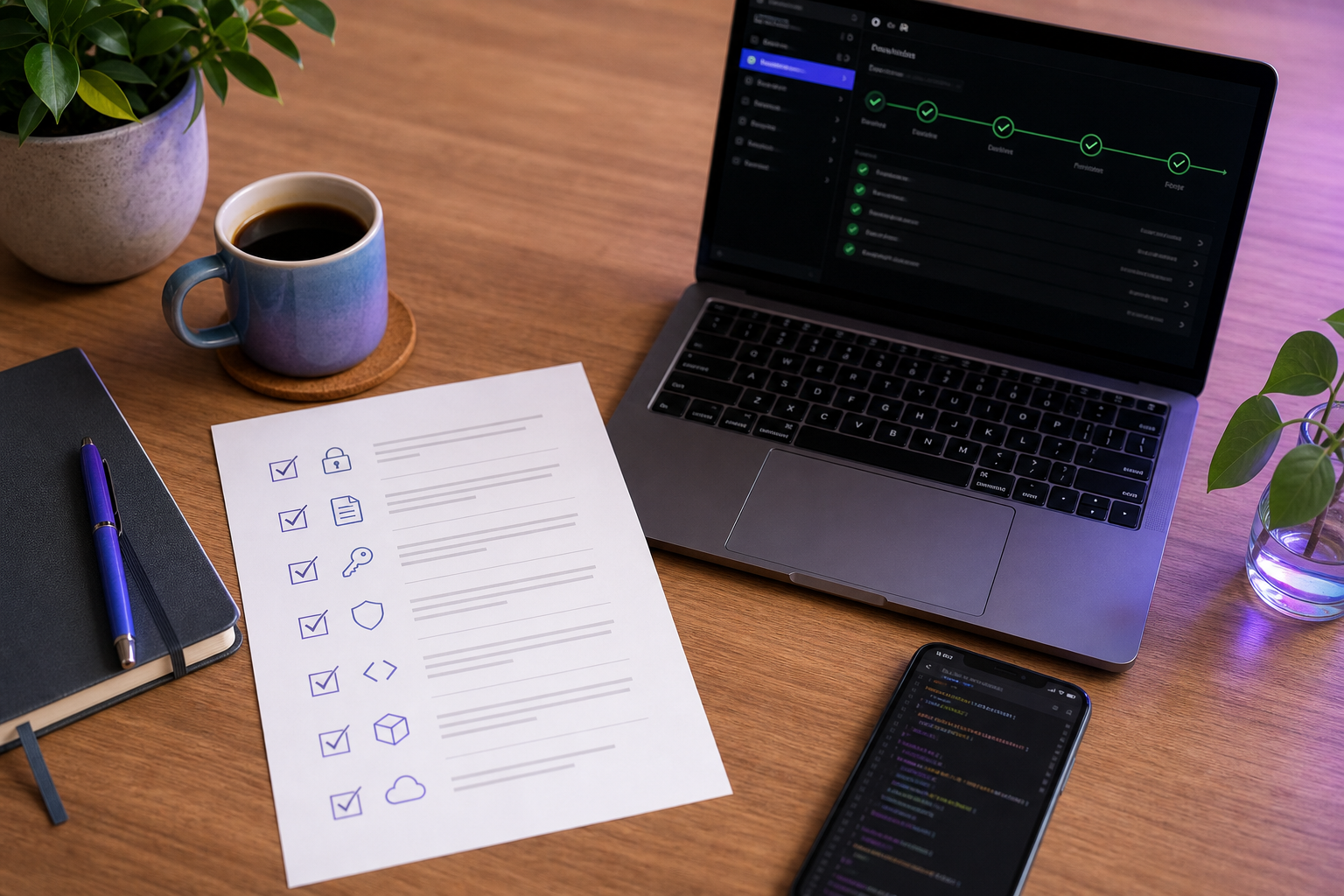 Overhead flat-lay of a developer's desk with a printed checklist next to a laptop showing a green CI pipeline status. Composition: clean, slightly aspirational.