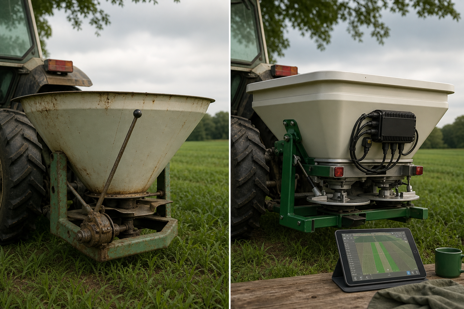 Split composition — left frame shows a 1990s-era manual-rate broadcast spreader with mechanical lever; right frame shows a modern ISOBUS-equipped twin-disc spreader with visible ECU box and connector harness. Same field, similar angle. Visually argue