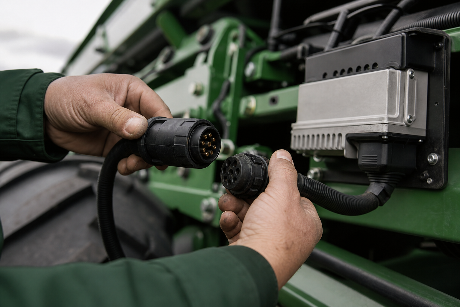 Close-up of an ISOBUS 9-pin connector being plugged into an implement harness, with the implement's ECU box visible in the background. Hands of operator in frame. Conveys the physical reality of the standards being discussed.