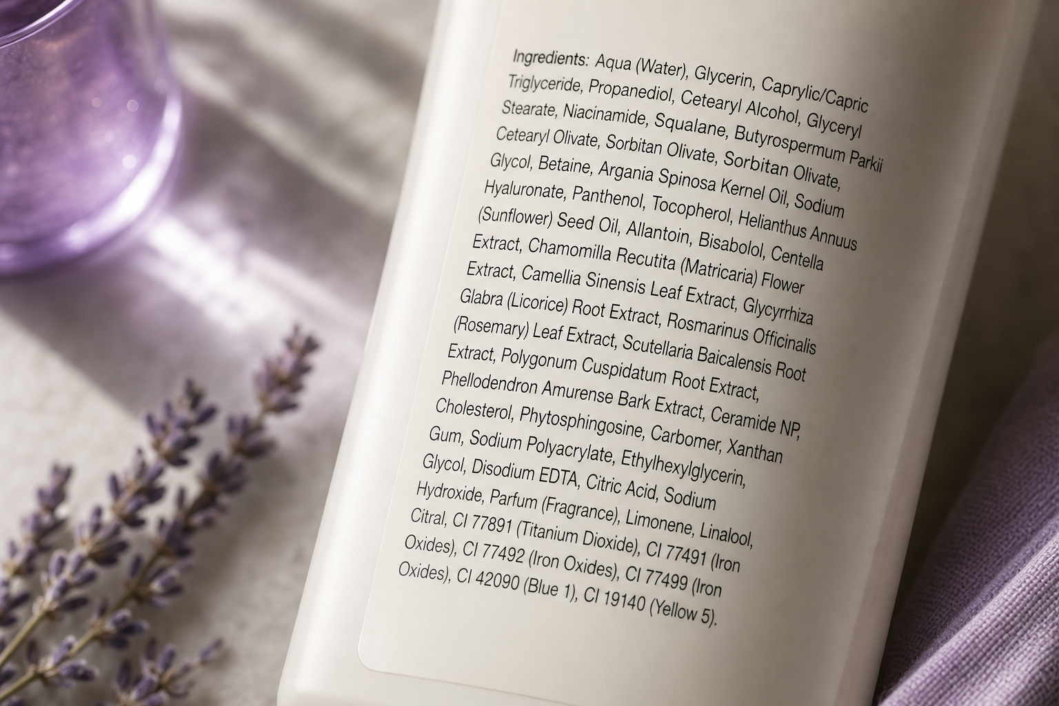 Close-up, top-down macro shot of the back of a skincare bottle showing a dense ingredient list with visible parentheses, CI color codes, and Latin botanical names. Soft daylight, shallow depth of field, ingredient list in sharp focus. No brand identi