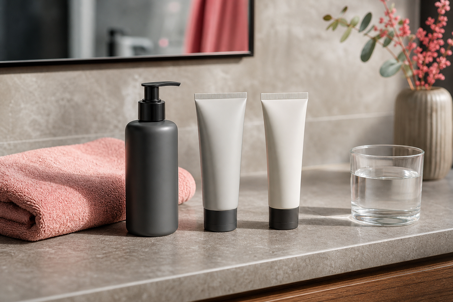 A clean, masculine bathroom counter — three skincare bottles (cleanser pump, moisturizer tube, sunscreen tube) arranged in order beside a folded towel and a glass of water. Natural morning light from the side. No faces, no brand labels visible. Shot