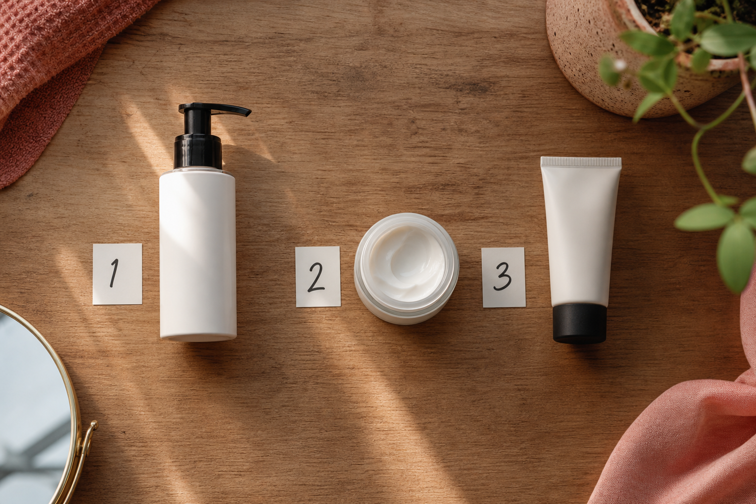 Flat-lay shot from directly above — three skincare products laid in horizontal sequence on a wood surface: a cleanser pump (left), moisturizer jar (middle), sunscreen tube (right). Small handwritten-style number cards (1, 2, 3) beside each. Soft natu