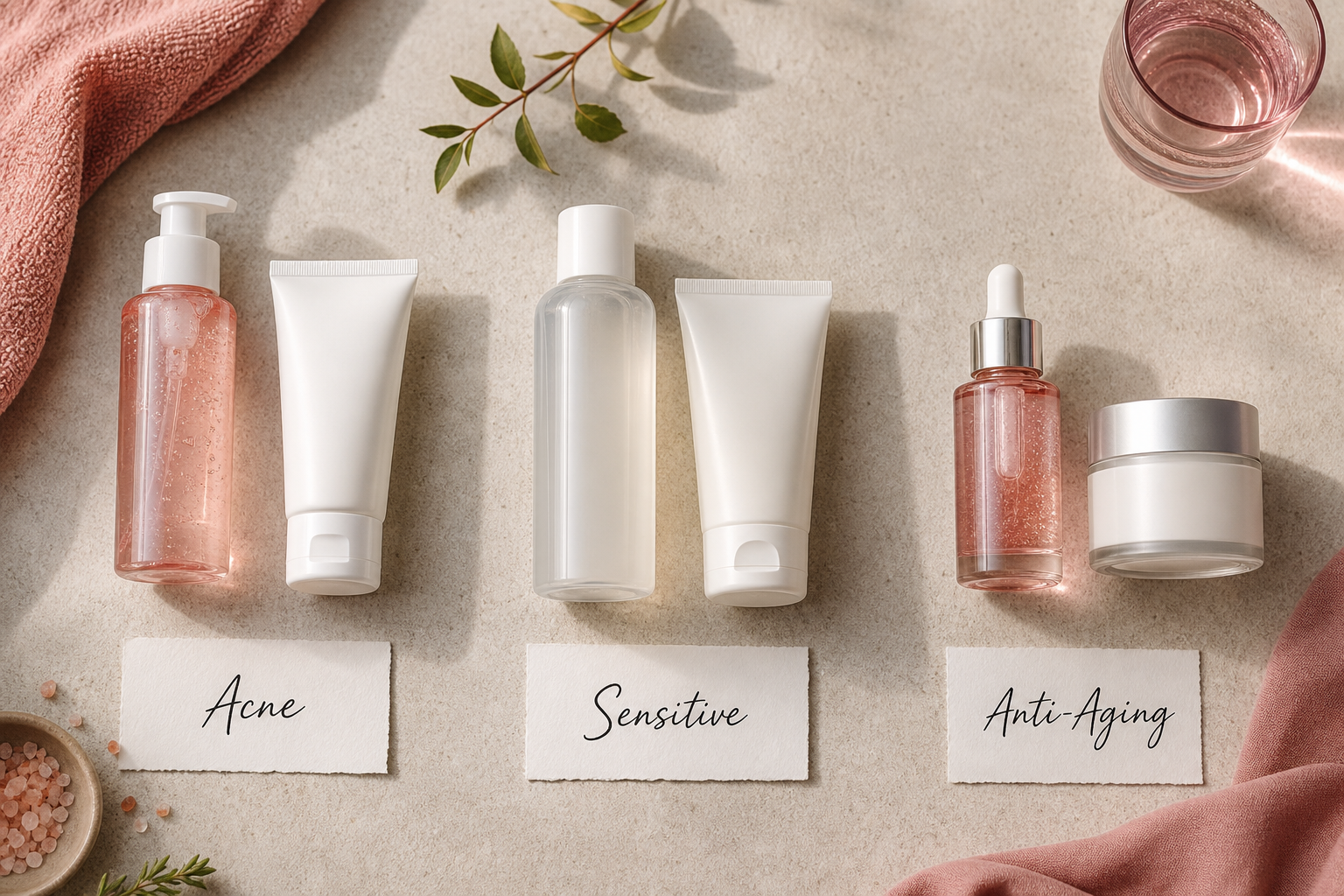 Three vertical product groupings on a neutral surface, shot from above. Group 1 (left): two products labeled "Acne." Group 2 (middle): two products labeled "Sensitive." Group 3 (right): two products labeled "Anti-Aging."