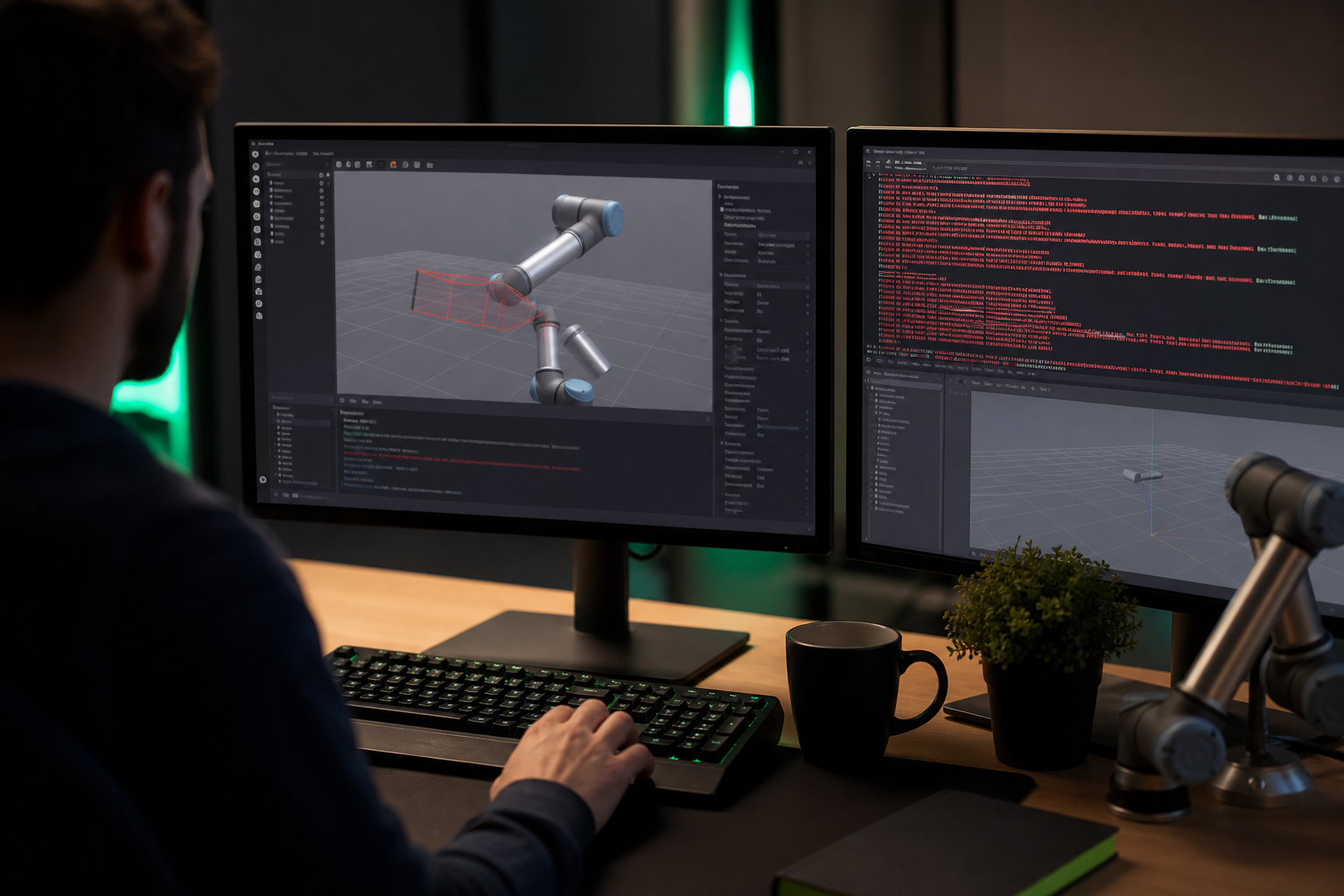 A close-up of a robotics workstation — dual monitors showing a Gazebo simulation window with a UR5e arm partially loaded (one link visibly missing collision mesh), a terminal with red error text, and a developer's hand on the keyboard. Warm desk ligh