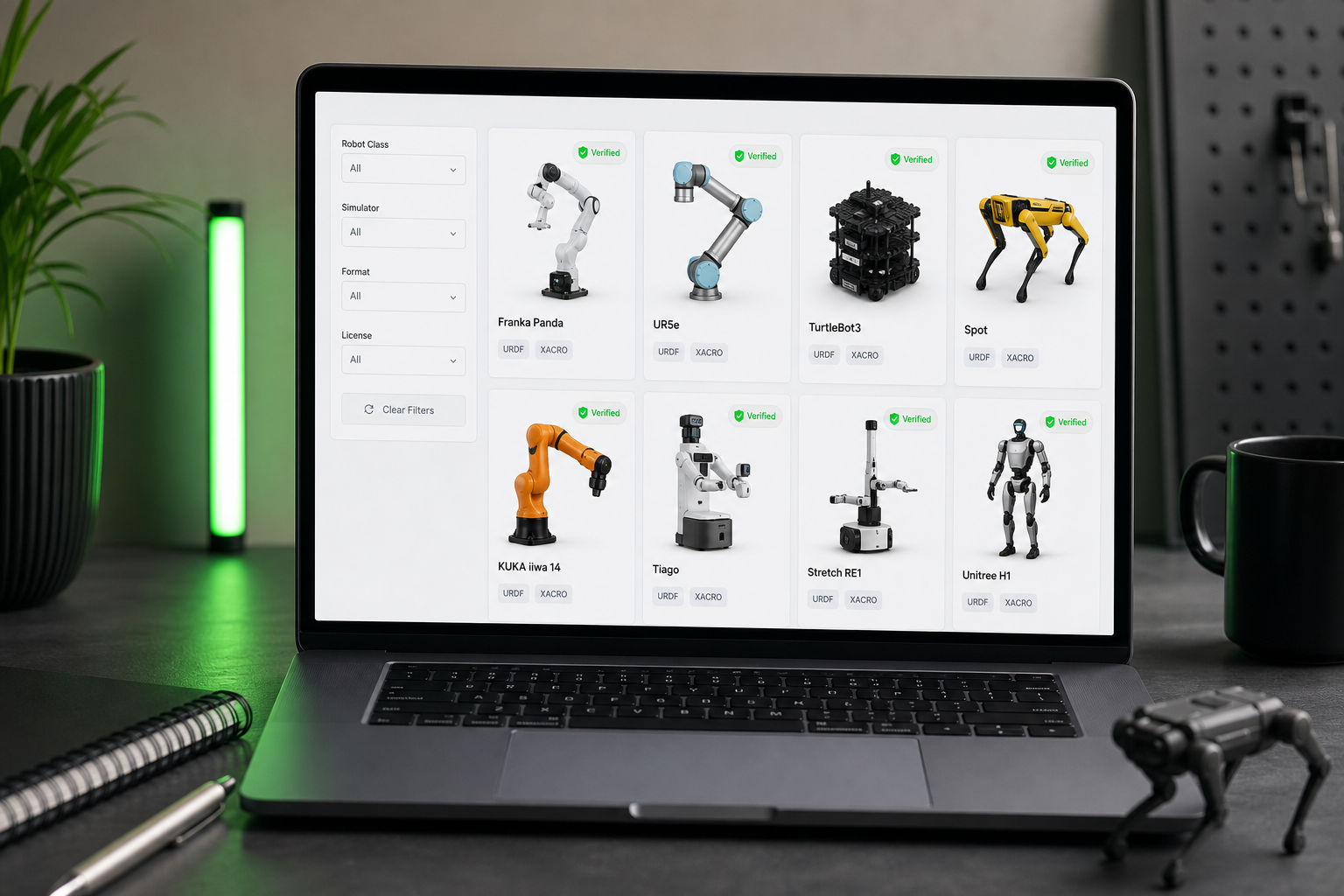A clean screenshot composite showing URDF Hub's browse interface — a grid of robot cards (Franka Panda, UR5e, TurtleBot3, Spot tiles visible), with filter dropdowns for robot class and simulator highlighted on the left, and a "Verified" bad