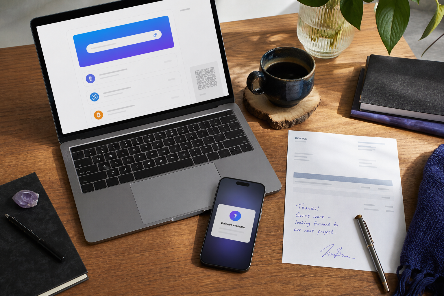 Overhead shot of a freelancer's workspace — open laptop showing a payment link interface, a coffee, a smartphone displaying a wallet balance increase notification, a paper invoice with a handwritten note beside it. Warm natural light, real-feel, not 