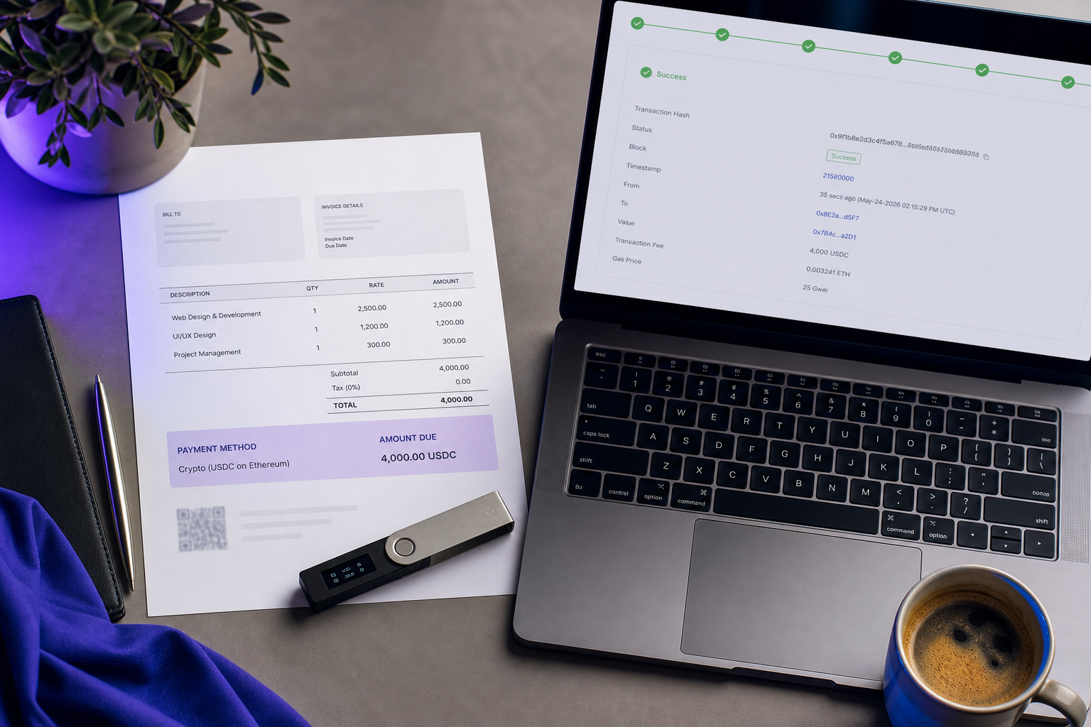 Flat-lay shot — printed invoice with crypto payment line item visible, hardware wallet (Ledger or similar), open laptop showing a blockchain explorer with a confirmed green transaction, coffee. Top-down angle. Speaks to "bridging traditional inv