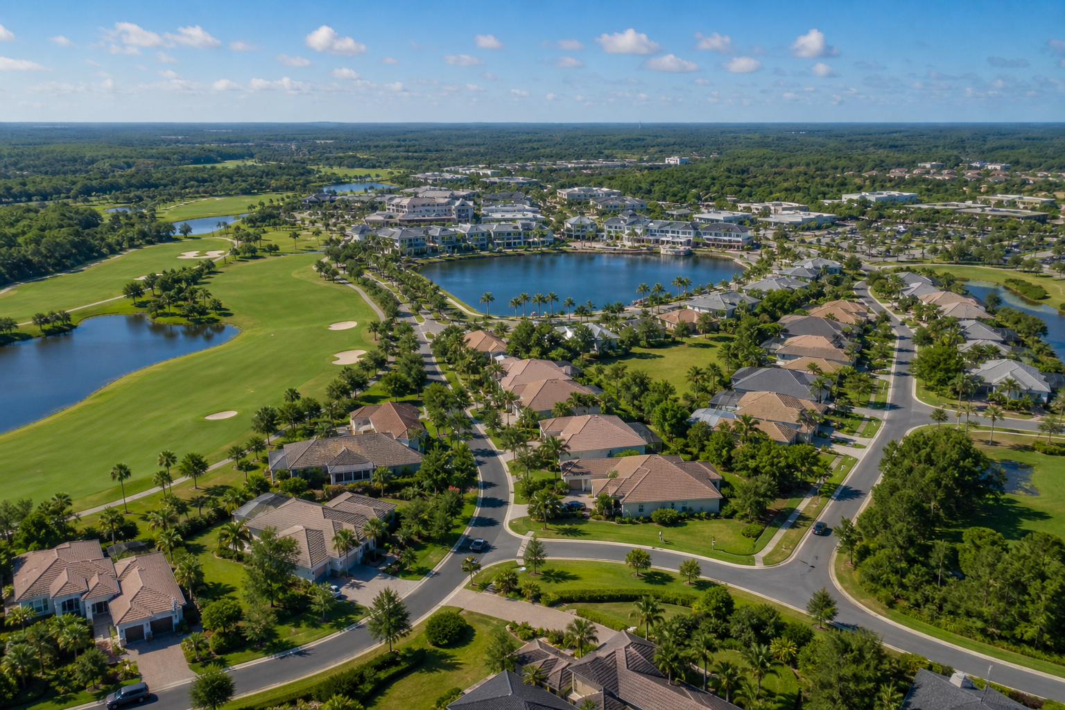 Aerial drone shot of Lakewood Ranch showing a residential village with curved streets, a community lake, golf course fairway, and the Main Street commercial core in the distance. Bright Florida midday light, palm-lined streets visible. Alt text: Aeri