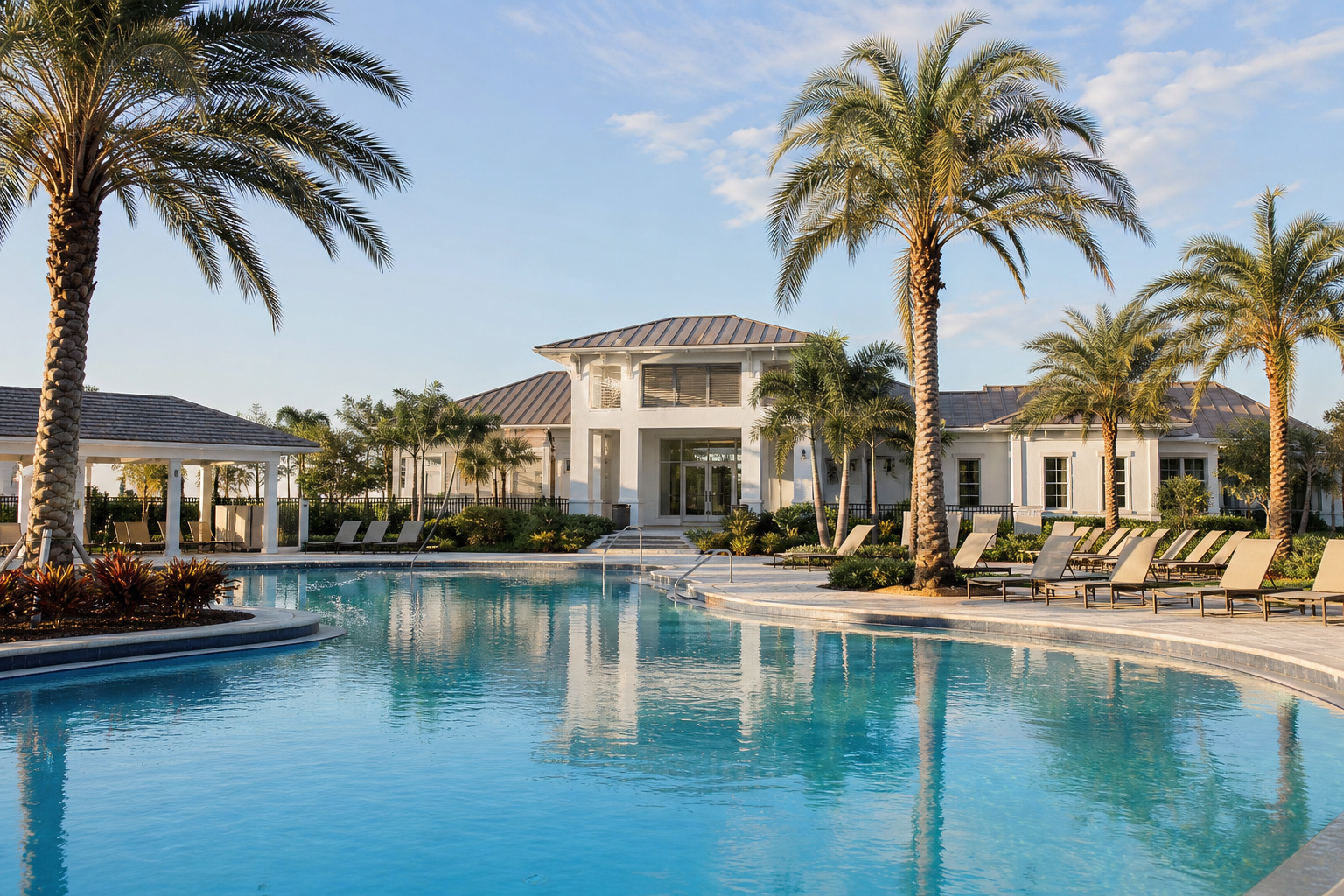 Wide shot of a Lakewood Ranch community amenity center — clubhouse exterior with resort pool in foreground, palm trees, lounge chairs. No people identifiable. Alt text: Resort-style amenity center at a Lakewood Ranch village.