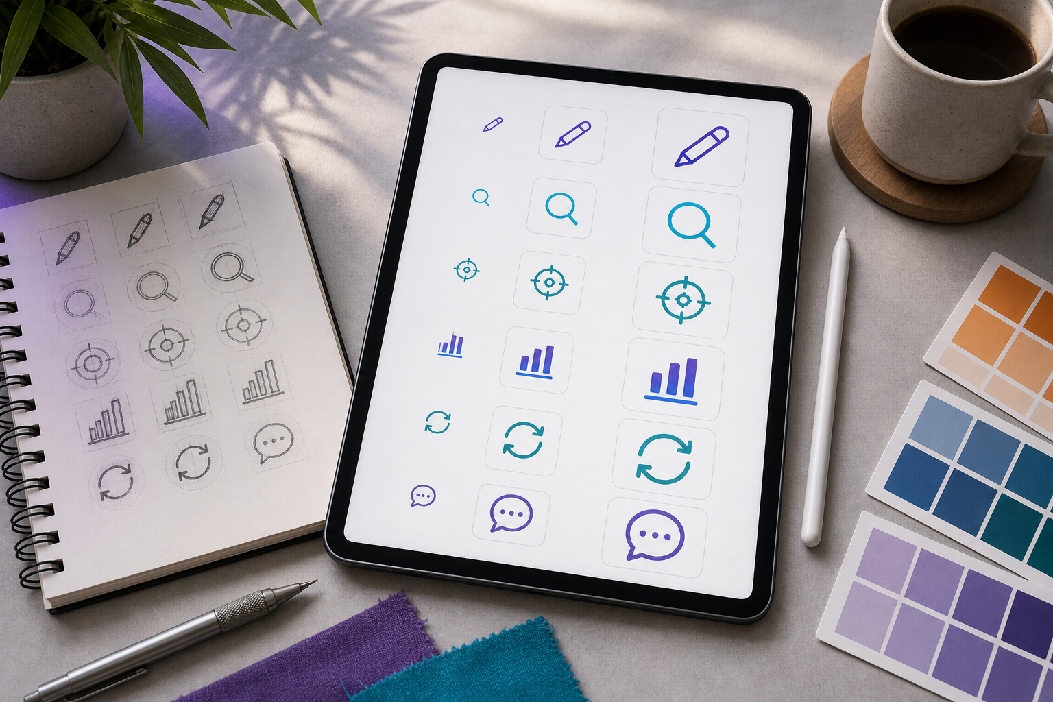 Overhead flat-lay of a designer's workspace — iPad displaying a grid of six distinct AI agent icons (pen, magnifying glass, crosshair, bar chart, circular arrows, chat bubble) at varying sizes (16px, 64px, 512px shown side-by-side on screen), with a