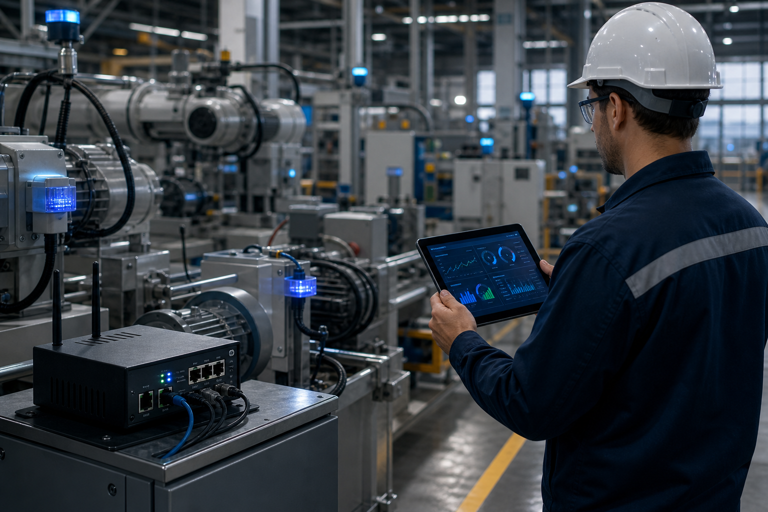 Industrial facility floor with visible IoT sensors mounted on machinery, an edge gateway device in the foreground, and a worker holding a tablet showing live telemetry. Wide angle, slightly elevated perspective. File: "iot-development-industrial