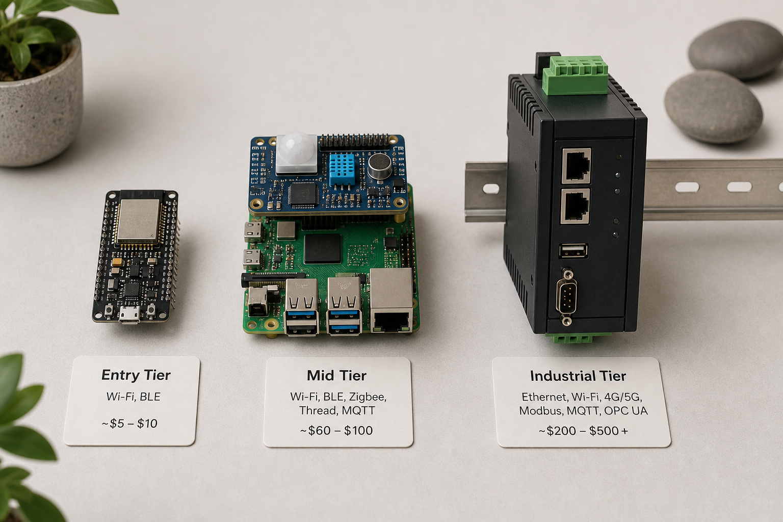 Flat-lay product shot on neutral background showing three hardware tiers side by side: an ESP32 development board (left), a Raspberry Pi 5 with a sensor HAT (center), and a DIN-rail industrial IoT gateway (right). Each labeled with a small caption ca