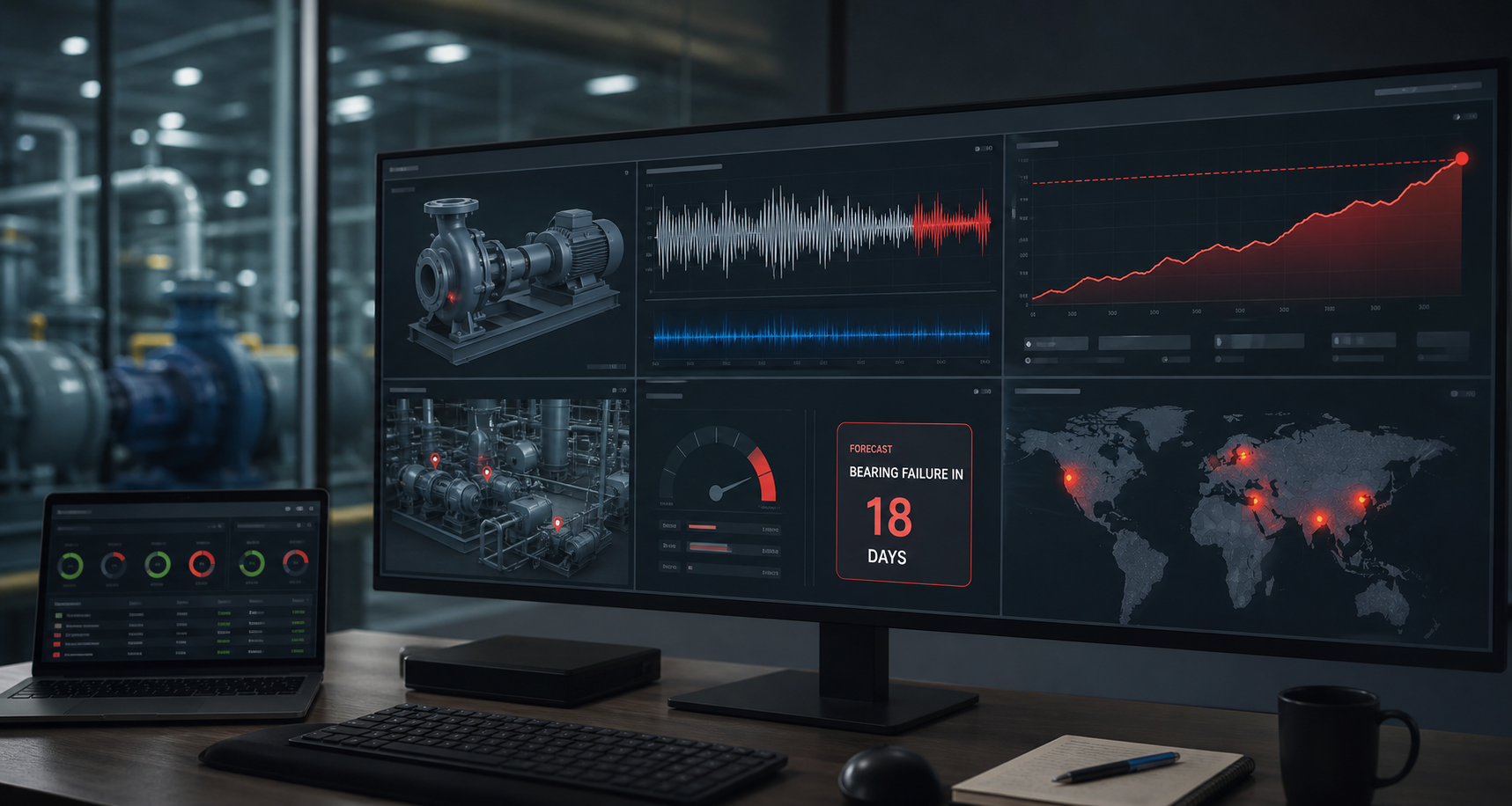 Operational control room or staged screen capture of a predictive maintenance dashboard. Multiple panels visible: live vibration waveform on a centrifugal pump, anomaly score climbing toward a red threshold, a "forecast: bearing failure in 18 da