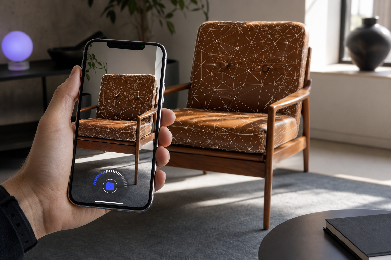 A hand holding an iPhone Pro angled toward a mid-century leather chair in a sunlit room, with the ARKit mesh wireframe overlay visible on the chair surface. The phone screen shows capture mode indicators. Realistic, capture-in-progress aesthetic.