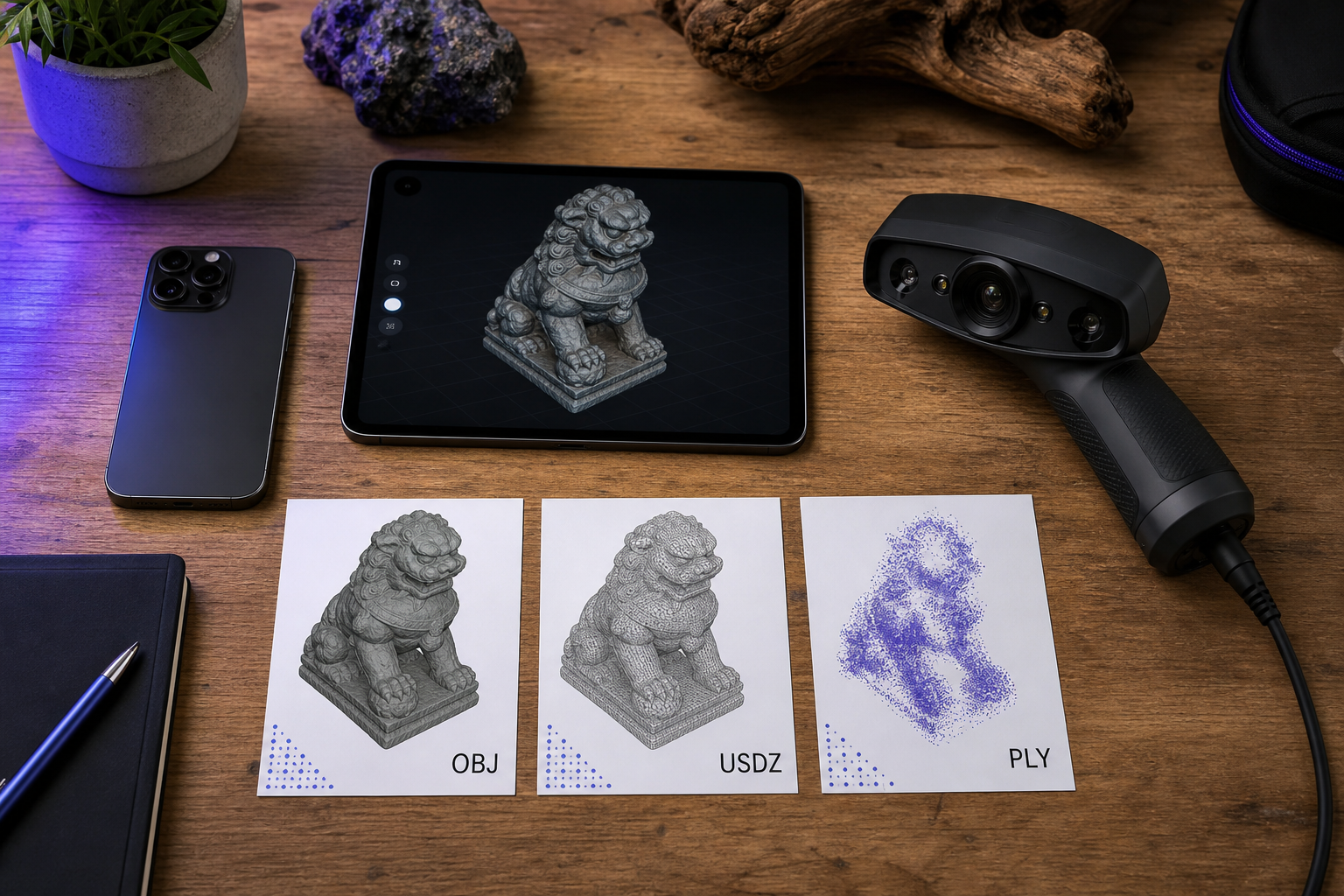 Flat-lay overhead shot on a wood workshop bench. Left to right: an iPhone Pro with LiDAR module visible, an iPad Pro, and a tethered handheld structured-light scanner. Beside each device, a printed reference card showing the corresponding output file