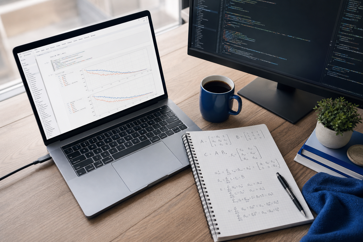 A flat-lay desk shot — open laptop showing a Jupyter notebook with visible training loss curves, a second monitor with a code editor, a notepad with handwritten math notation (matrix operations), and a coffee mug. Natural daylight, slightly angled ov