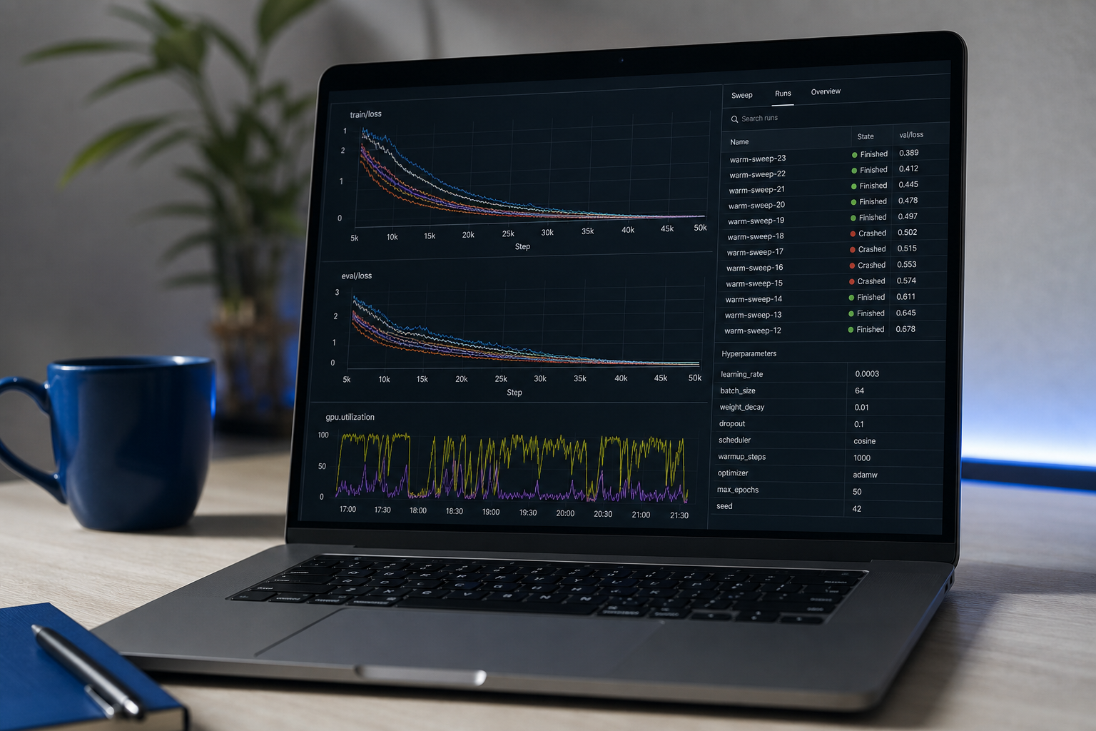 Screenshot composite showing a Weights & Biases training run dashboard — visible loss curves descending across epochs, GPU utilization graphs, and a sidebar showing hyperparameter sweep results. Make it look like a real experiment, not a polished mar