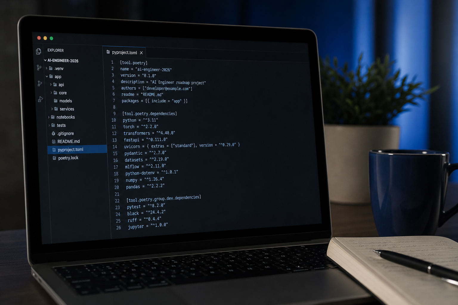 A close-up of a developer's screen showing a pyproject.toml file with the actual stack (torch, transformers, fastapi, mlflow, datasets visible). Authentic over polished.