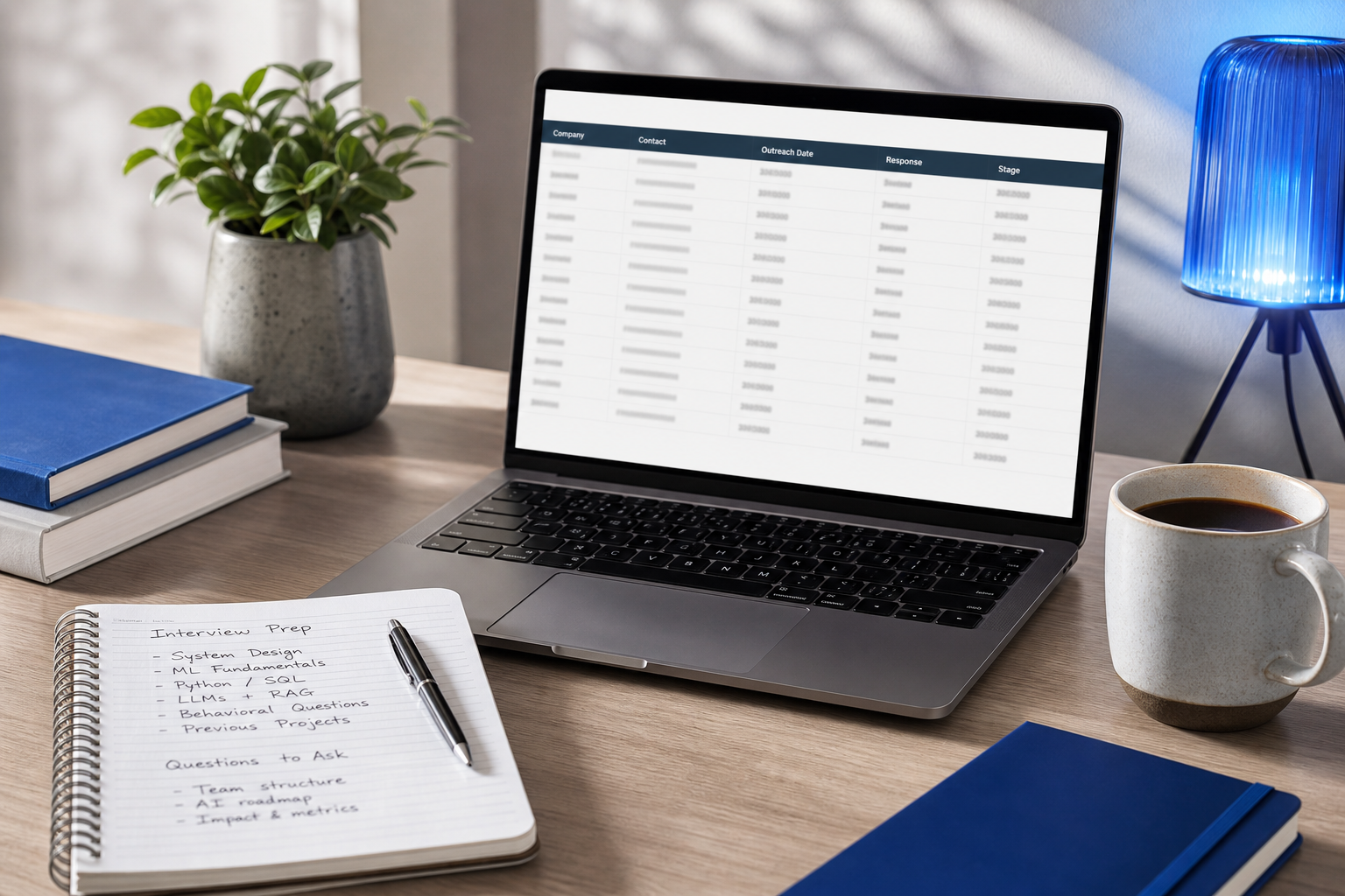 A desk shot of a job-search workflow — a laptop with a CRM-style spreadsheet open (columns visible: Company, Contact, Outreach Date, Response, Stage), a notepad with handwritten interview prep notes, and a coffee. The point: this is operational work,