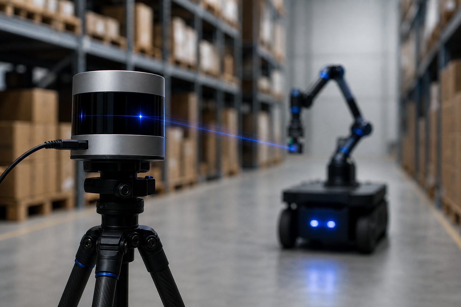 A close-up of a LiDAR sensor mounted on a tripod scanning a warehouse aisle, with a mobile manipulator visible in the background out of focus, showing the environment-capture step as a concrete physical activity