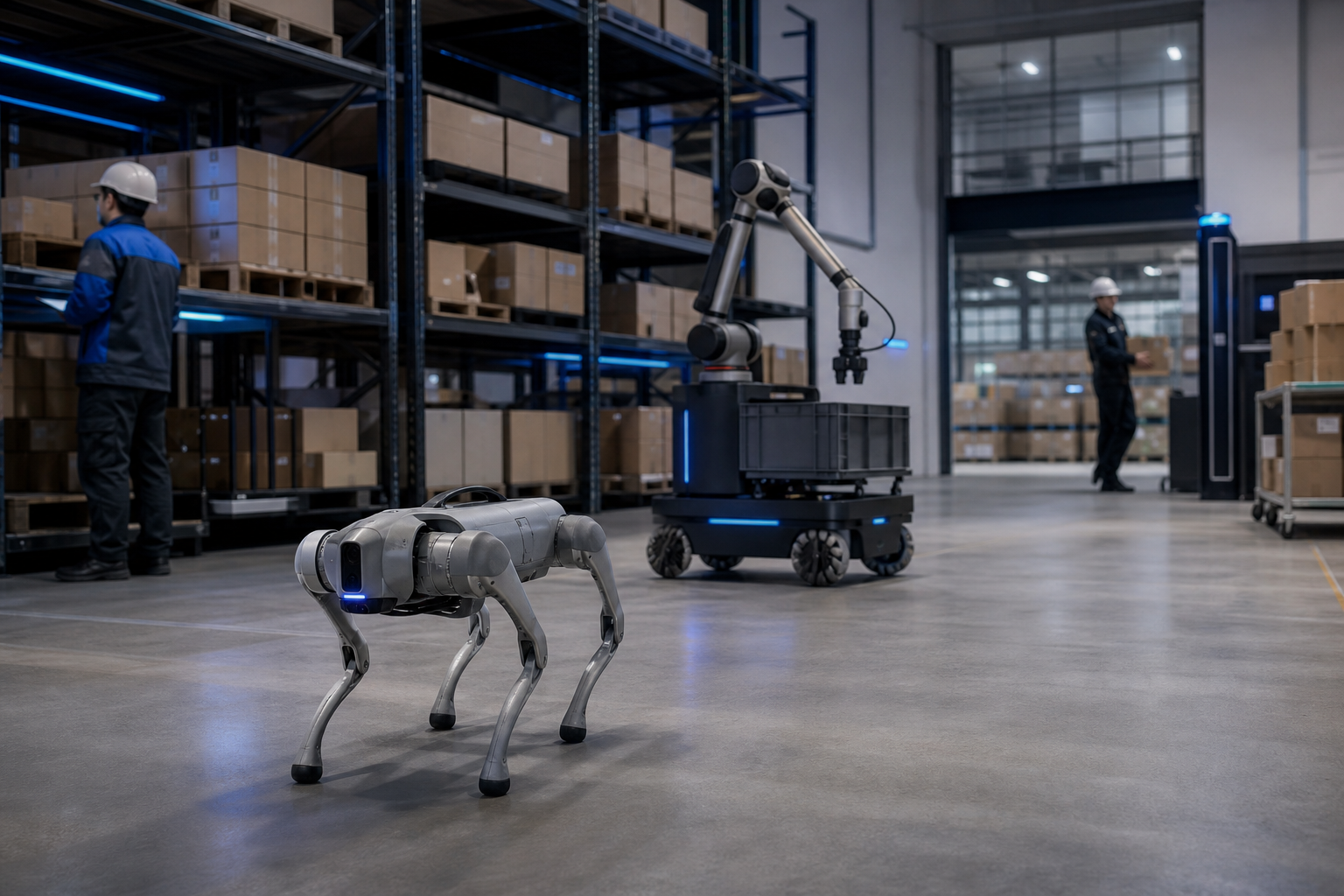 A warehouse scene with a quadruped robot (Unitree Go2 or similar) in the foreground and a mobile manipulator visible in the mid-ground, both in active deployment posture, workers visible but not foregrounded, showing fleet-scale context