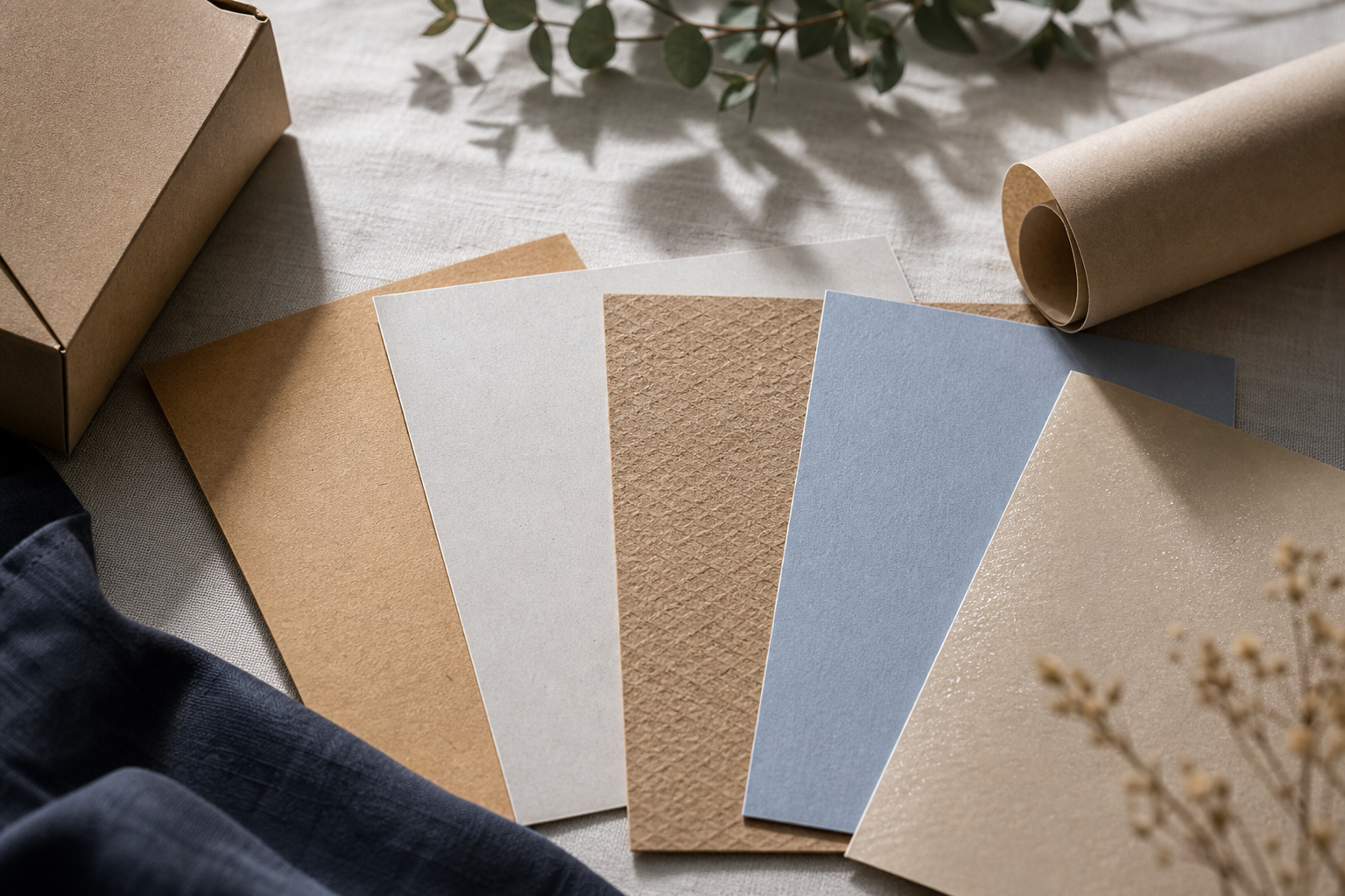 Flat-lay of 4–5 kraft paper variants — unbleached natural brown, bleached white, textured/embossed, dyed pastel, and a barrier-coated sample — arranged at slight angles on a neutral linen surface in soft natural daylight. Include one folded carton co