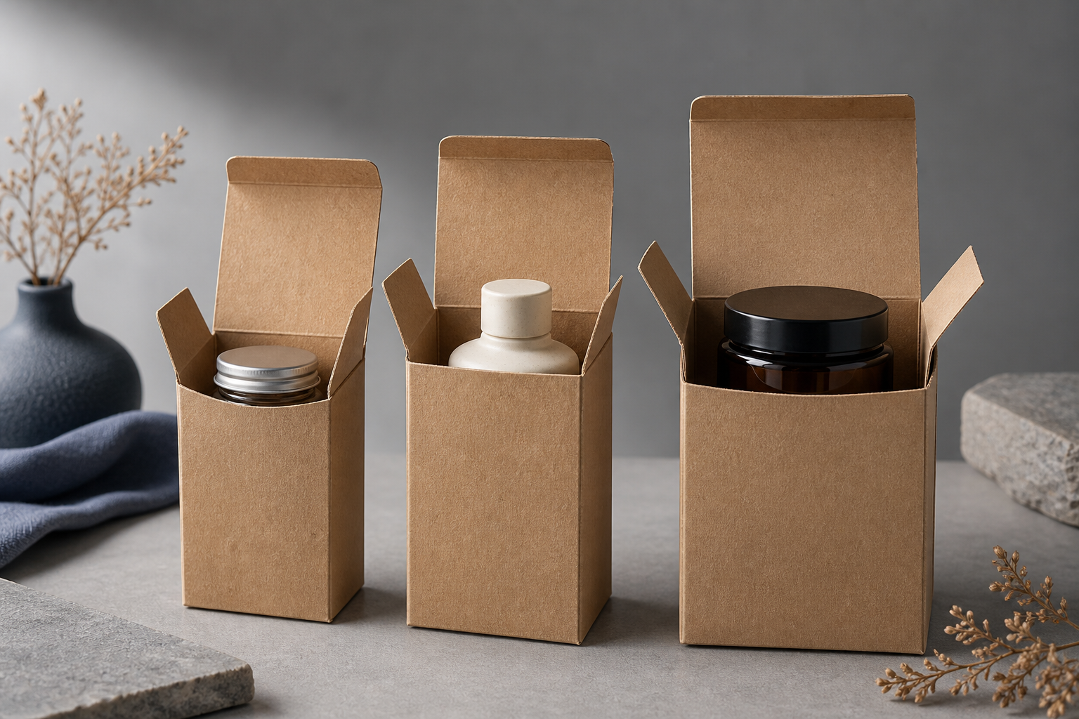 Yan yana üç kraft folding karton — biri 120 gsm (esnek), biri 180 gsm (rijit), biri 250 gsm (sleeve formatı). Hepsi açık üst kapağıyla, içinde nötr bir ürün (küçük cam kavanoz ya da bezsiz bir kozmetik şişe). Soft side lighting, gri arka plan, kalınl