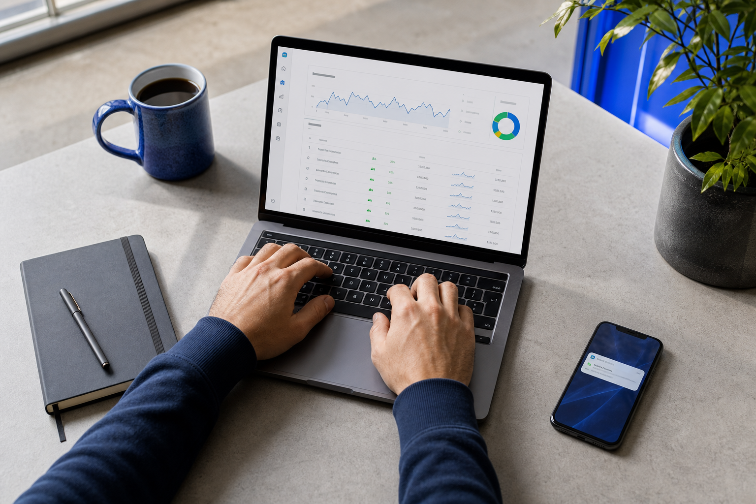 Overhead desk shot showing a founder's hands on a laptop keyboard, screen displaying a clean SEO dashboard with green ranking arrows, a coffee mug, a closed Moleskine notebook, and a phone showing a Search Console notification. Natural window light,