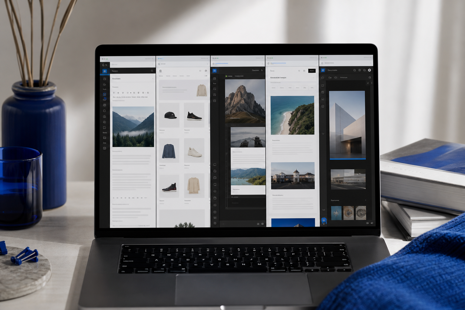 Close-up of a laptop screen split into five tabs — WordPress admin, Shopify dashboard, Webflow Designer, Wix editor, Framer canvas. Each tab shows a draft post or product page. Conveys "one tool, every platform."