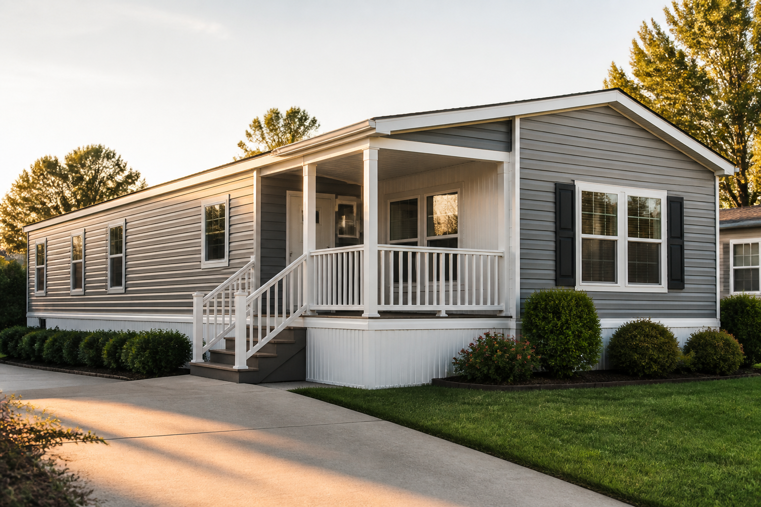A modern manufactured home with skirting and a small porch, photographed at golden hour from the front-quarter angle. Driveway visible, no people. Aspirational but realistic — not a luxury home, not a trailer. Caption: "Manufactured homes now ac