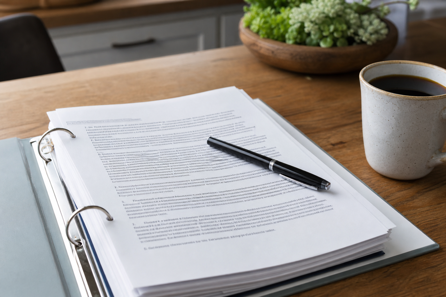 Close-up of a printed park rules document or community covenants binder on a kitchen table, with a pen and a coffee cup beside it. Reading angle, slightly overhead. Conveys "this is homework that matters."