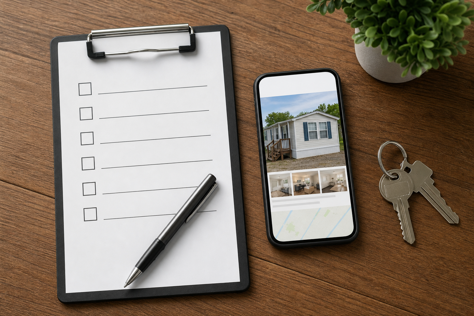 A clipboard with a printed checklist, pen, smartphone showing a Zillow listing, and a set of house keys on a wooden table. Top-down angle. Conveys "this is the work between browsing and buying."