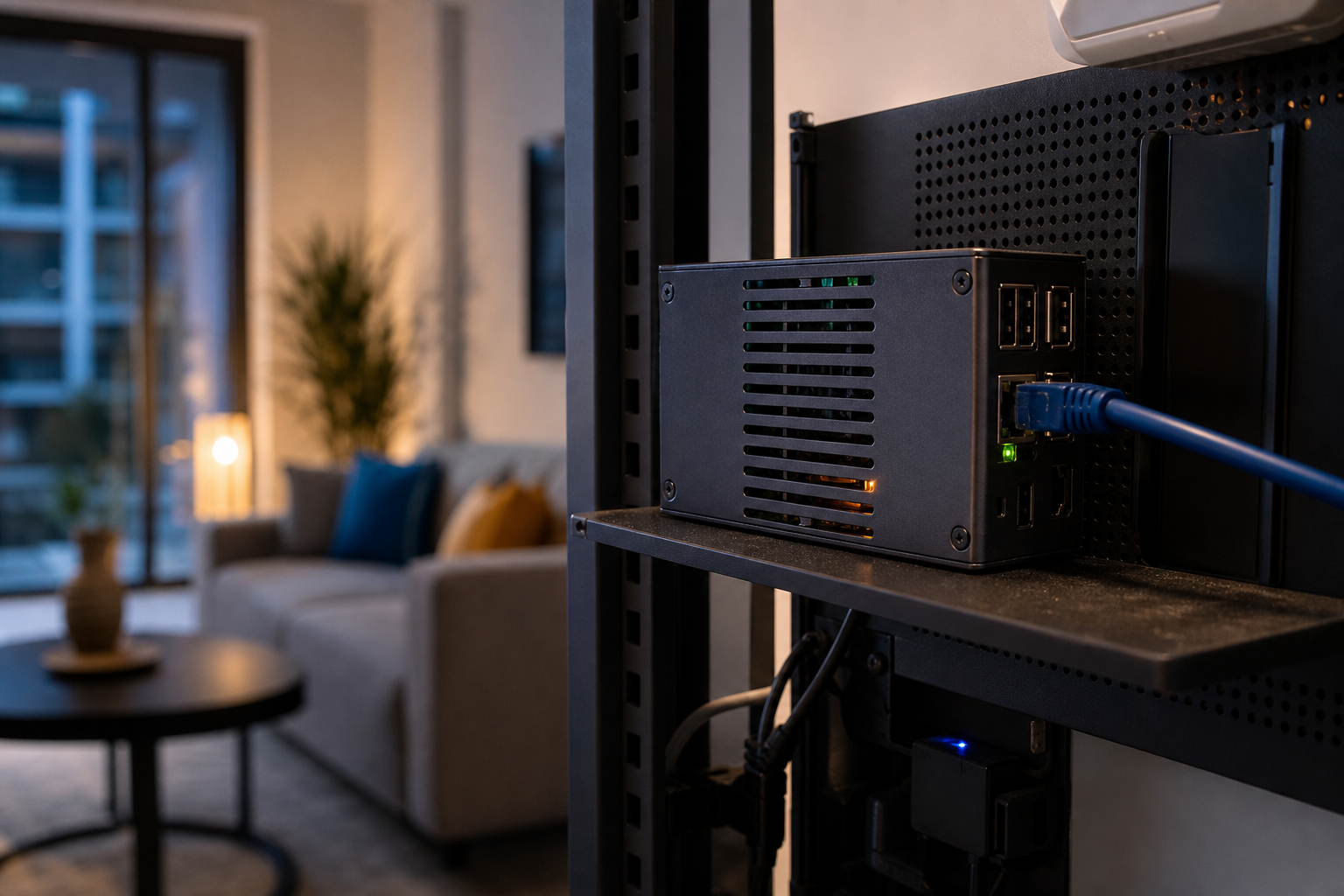 Raspberry Pi 4 in a ventilated aluminum case mounted on a wall shelf or networking cabinet, Ethernet cable plugged in, small status LED glowing. Background slightly out of focus showing a modern apartment living room. 3/4 angle, warm professional lig