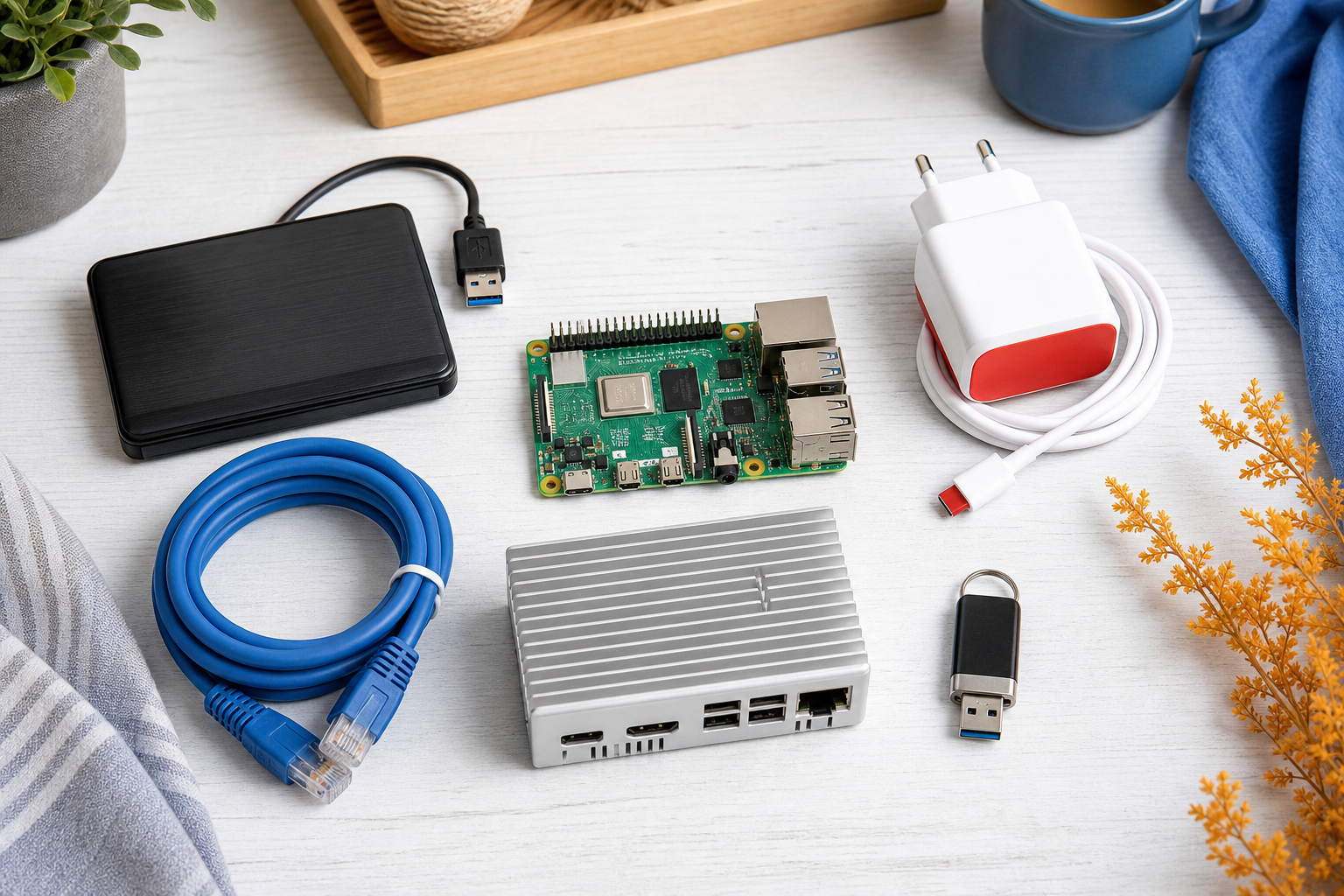 Flat-lay overhead on clean white wood: a Raspberry Pi 4 board, a 240GB SATA SSD in a USB 3.0 enclosure, an official red-and-white USB-C power supply, a coiled Cat6 Ethernet cable, an aluminum heatsink case, and a small USB backup drive. Items spaced 