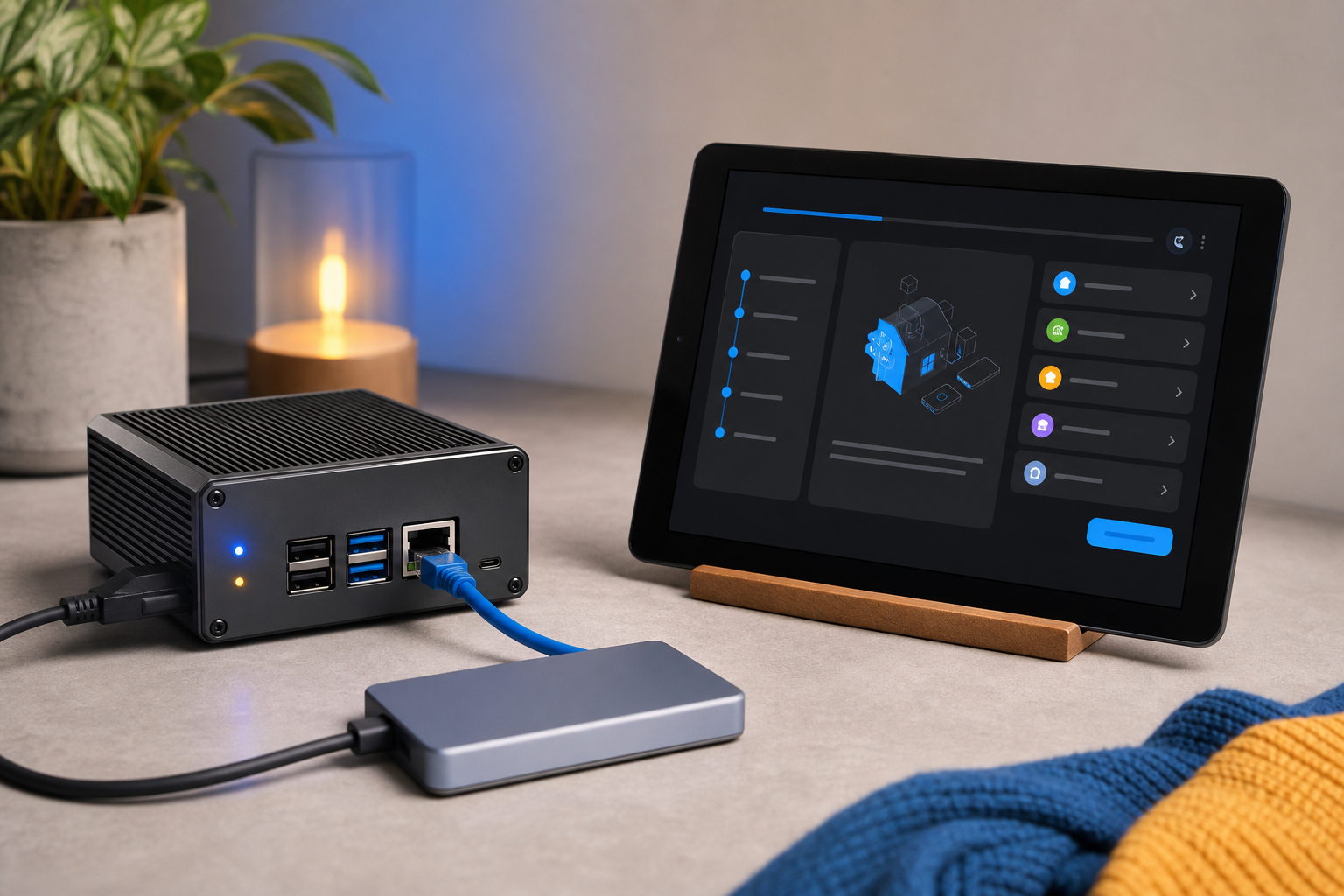 Split composition — left side, a Raspberry Pi in its aluminum case freshly assembled with PSU, SSD, and Ethernet cable connected on a clean desk. Right side, a tablet displaying the Home Assistant onboarding wizard. Caption: "From boxed componen