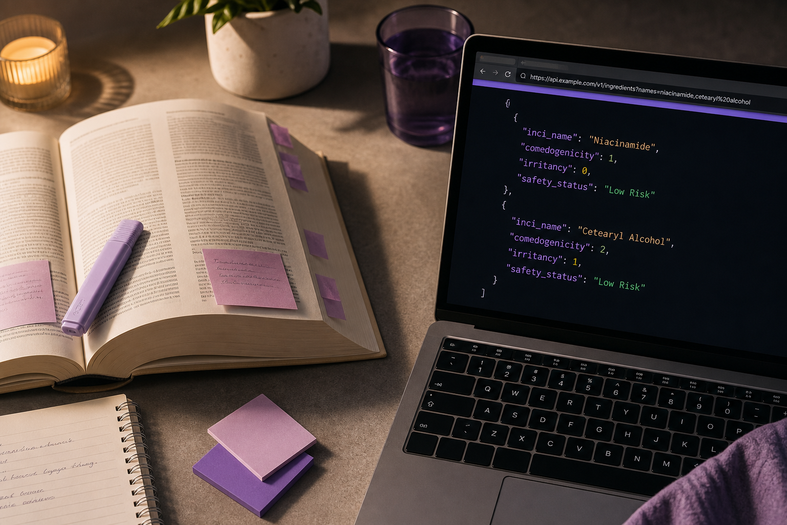 A split-frame composition — left side shows the physical Milady's Skin Care and Cosmetic Ingredients Dictionary sitting open on a desk under warm lighting with a highlighter and sticky notes; right side shows a laptop screen displaying a syntax-highl