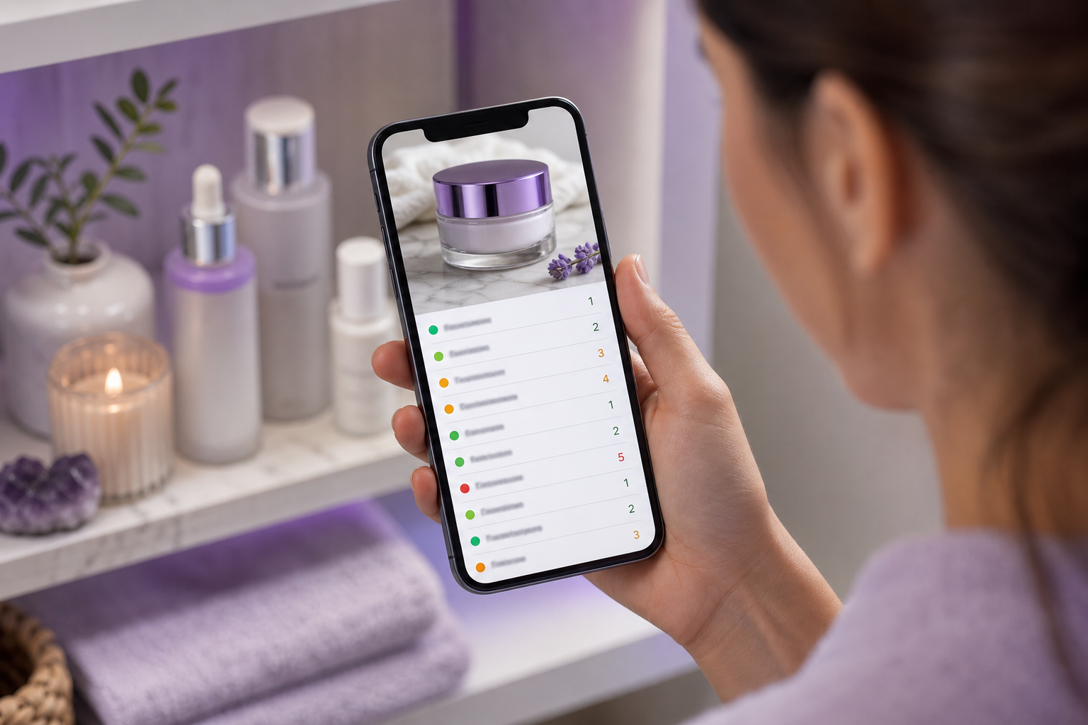 A mobile phone in a hand displaying a skincare app's ingredient scanner result screen — showing a product image at the top and below it a list of ingredients with colored severity badges (green/amber/red) and a numeric score next to each. Background: