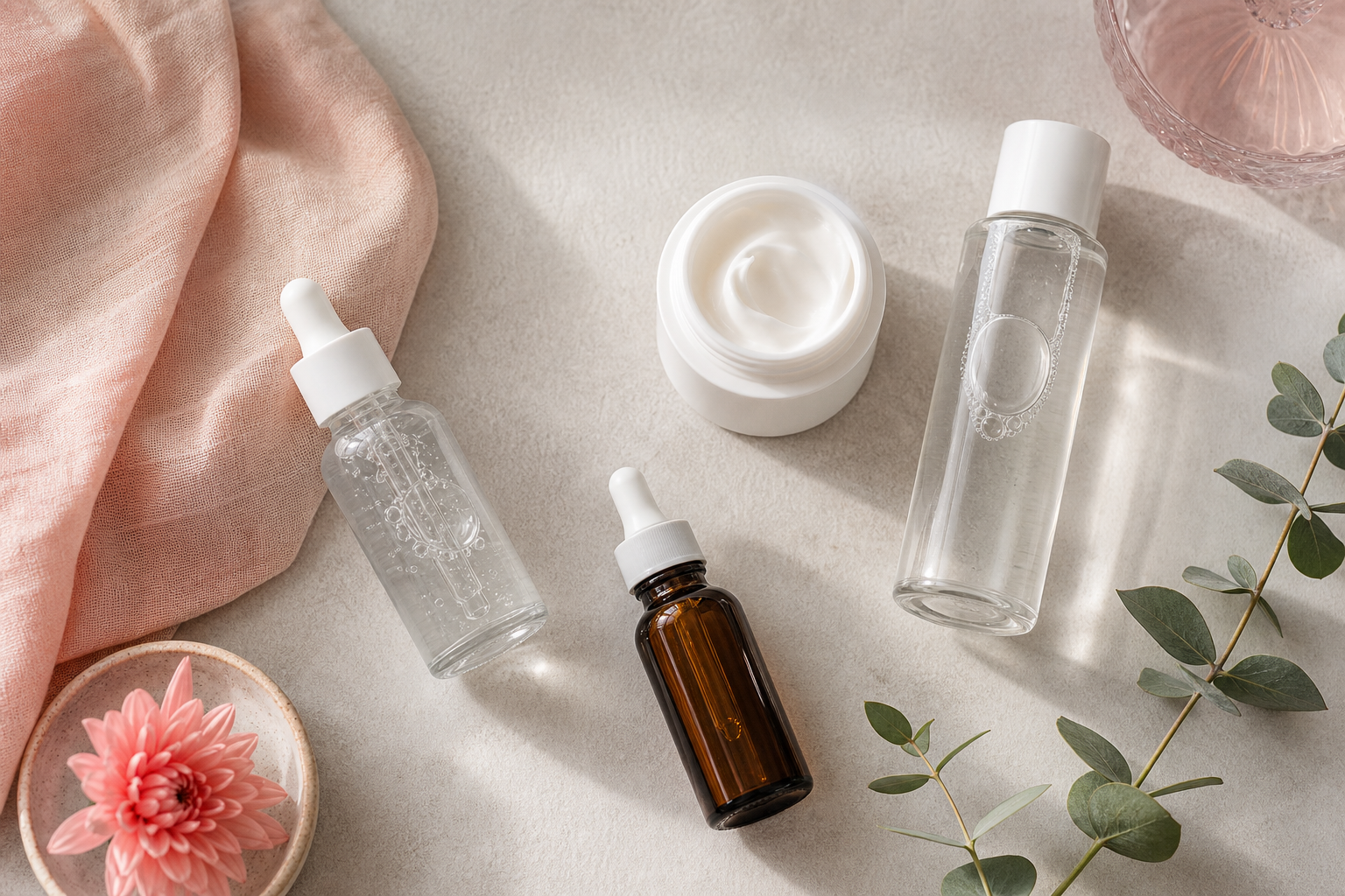 Overhead flat-lay of three to four niacinamide products (clear serum dropper bottle, white moisturizer jar, toner bottle, amber serum) arranged on a soft neutral background with a sprig of greenery and a folded linen napkin. Natural daylight, slight