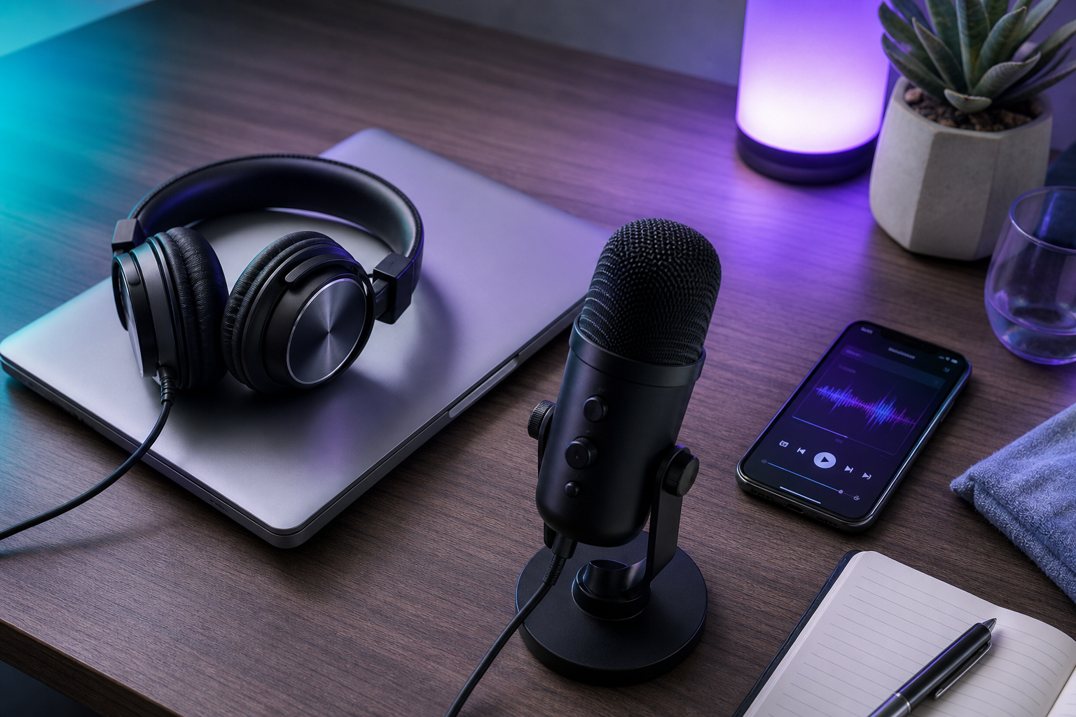 Clean, well-lit shot of a content creator's desk: studio headphones resting on a closed laptop, a USB microphone in the foreground, and a smartphone displaying a music app. Cool blue and teal lighting bleeds in from a side lamp. 30-degree overhead an