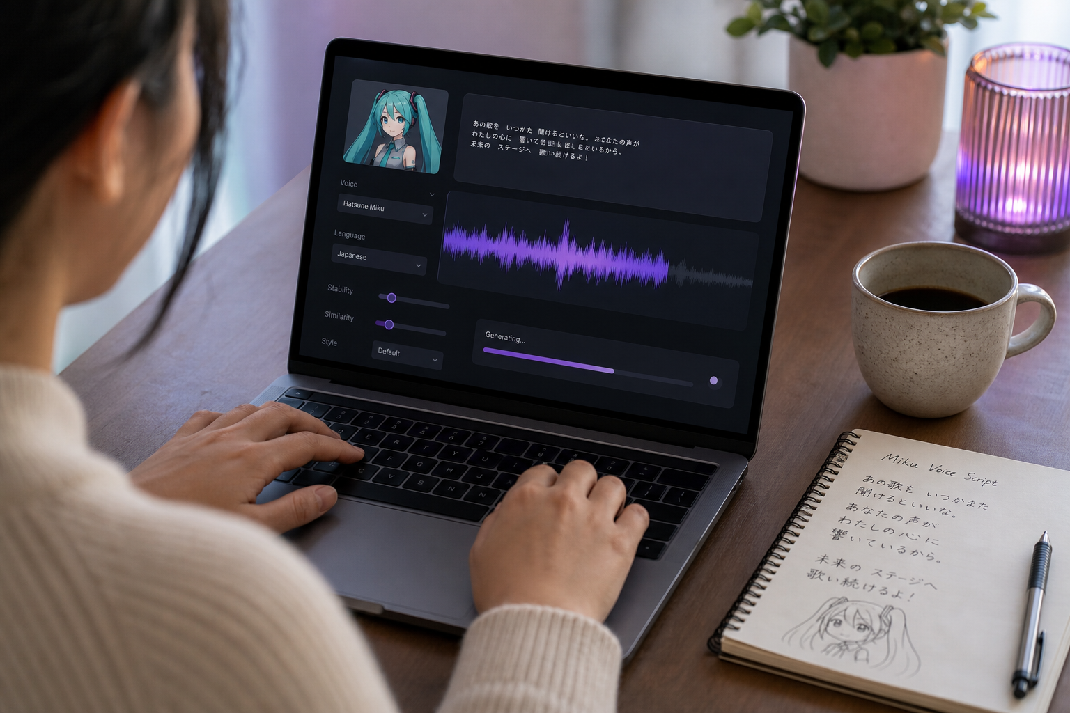 Close-up over-the-shoulder shot of someone using a laptop with a TTS dashboard interface visible. A waveform is being generated on screen. Side desk includes coffee mug and notepad with handwritten script notes. Warm and cool color mix.
