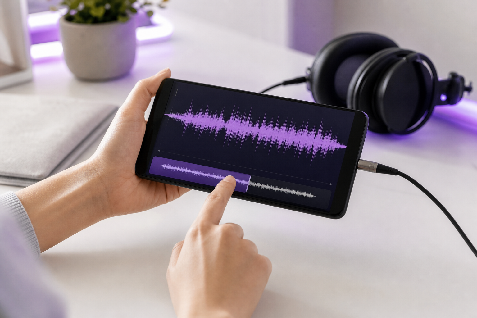 Close-up of a hand using a phone or tablet to upload a short audio file, with a visible waveform on the screen. Studio headphones connected. Clean white desk surface.