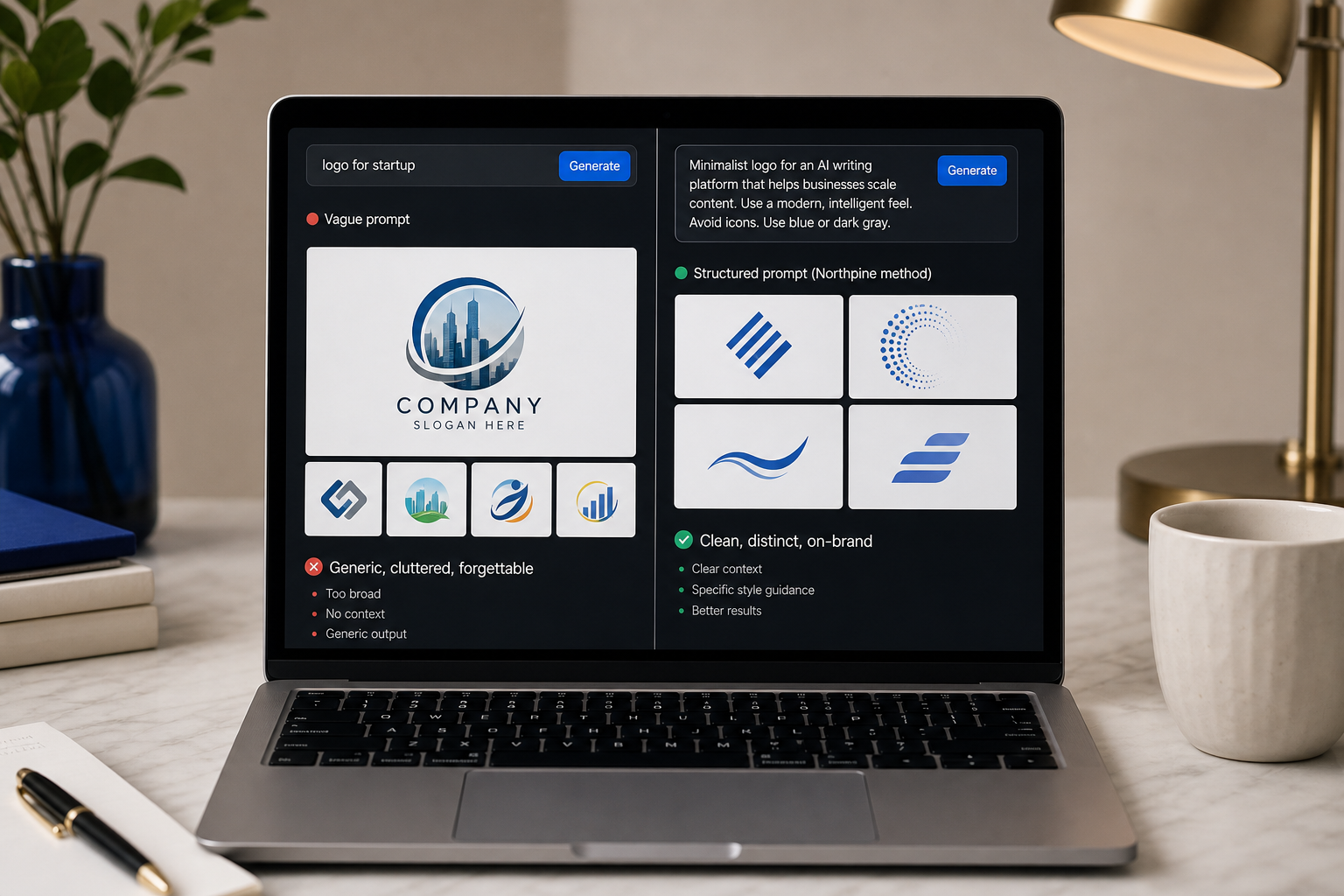Split-screen screenshot mockup — left side shows a vague prompt ("logo for startup") producing a generic cluttered output with placeholder text and a stock-photo-feeling icon; right side shows the structured Northpine prompt producing 4 cle