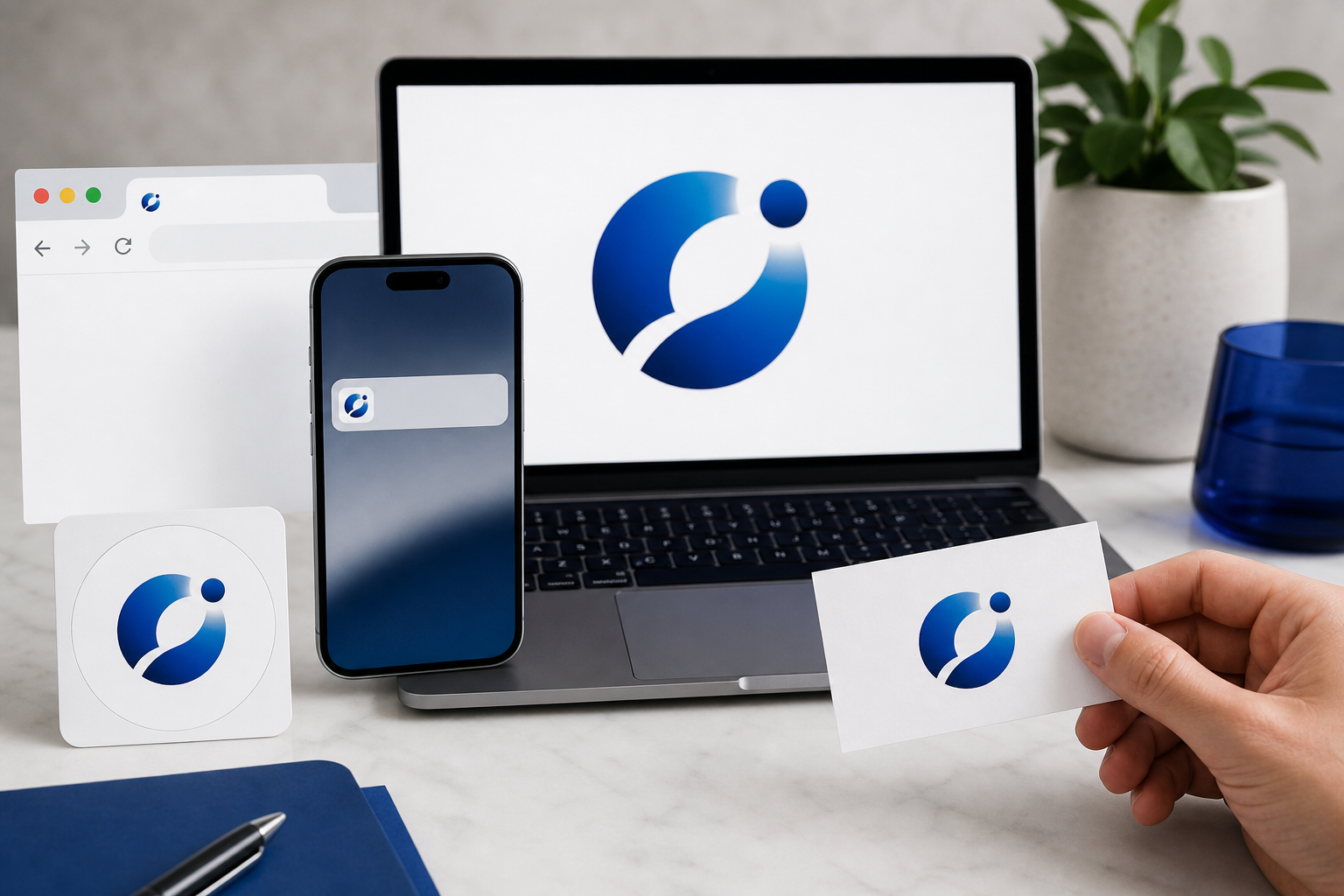 A mockup grid showing the same AI-generated logo rendered across 5 real contexts at actual size: 16×16 browser tab favicon, 32×32 mobile notification icon, 320×320 Instagram avatar in a circle crop, 1024×1024 hero on a landing page, and printed on a