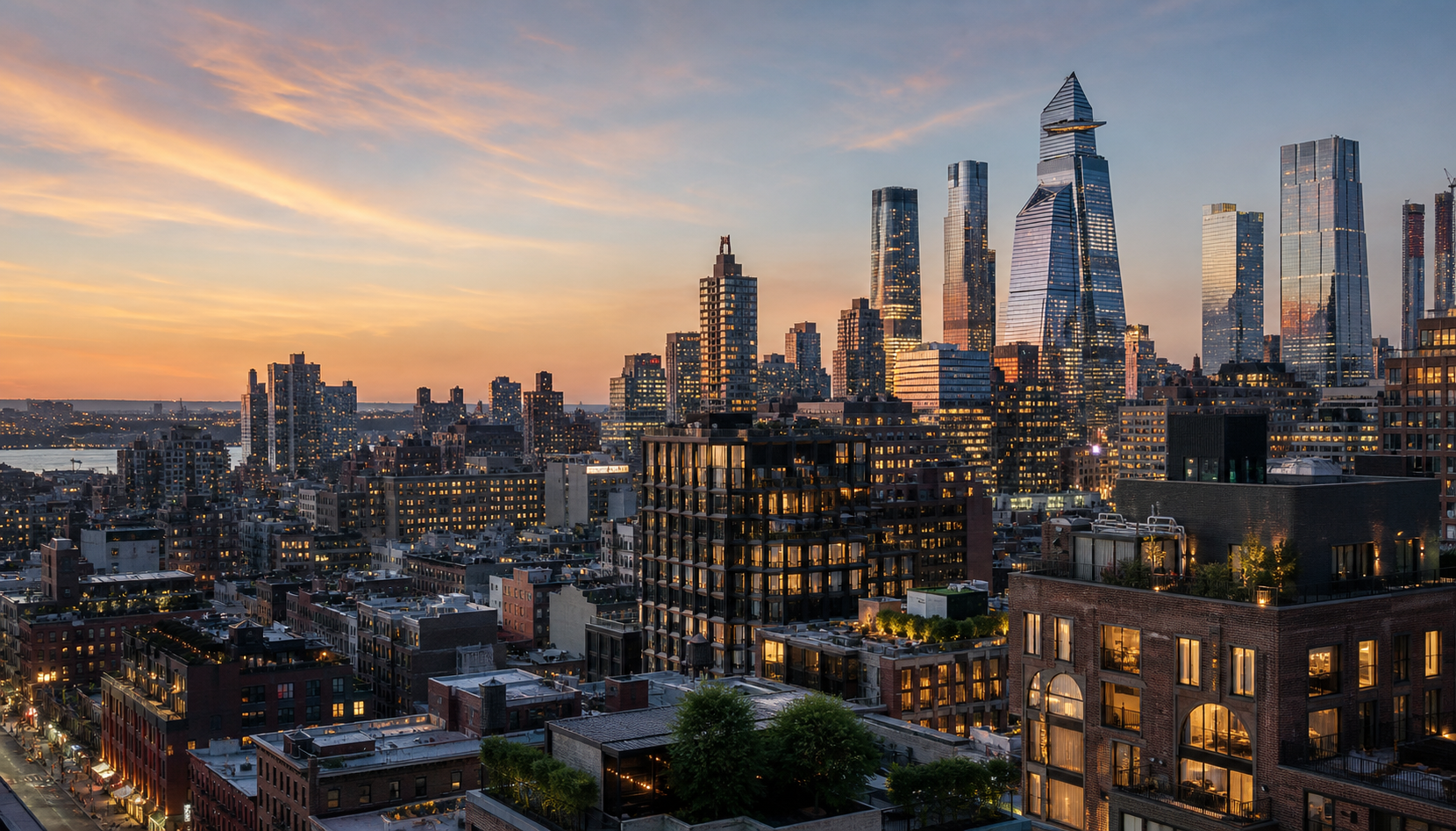 Wide-angle hero shot of a Manhattan condo skyline at dusk — Hudson Yards or Tribeca rooflines visible, showing density and price-tier variety in one frame. Editorial, not stock-looking.