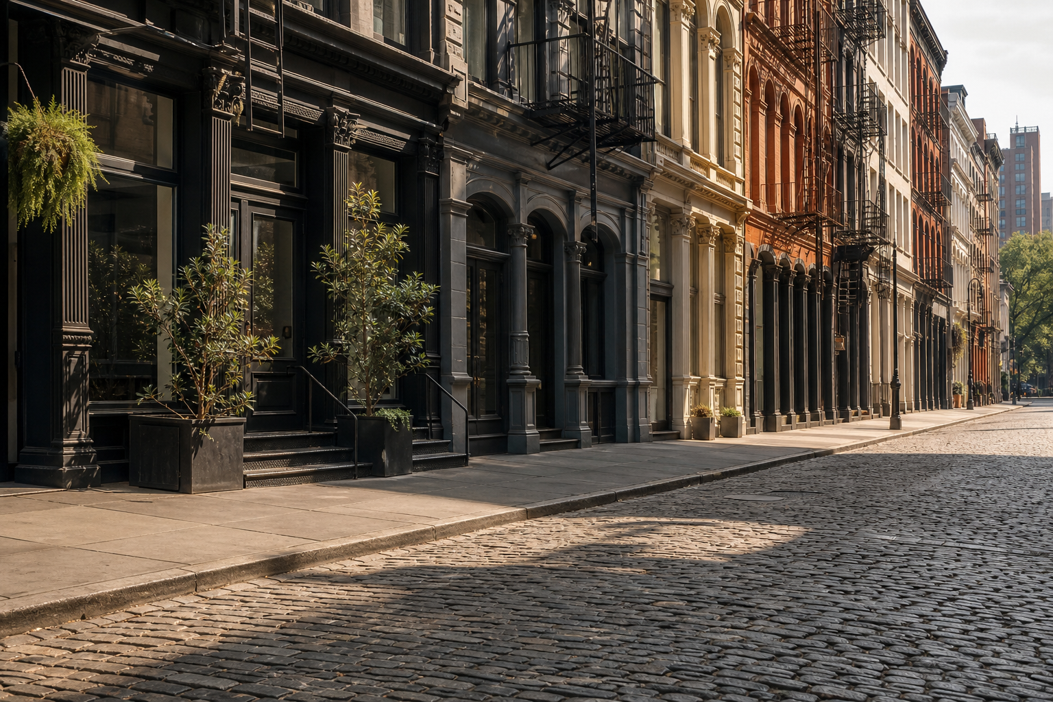 Tribeca cobblestone street with cast-iron loft buildings visible — daytime, architectural detail. Anchors the "scarcity-driven historic" archetype visually.