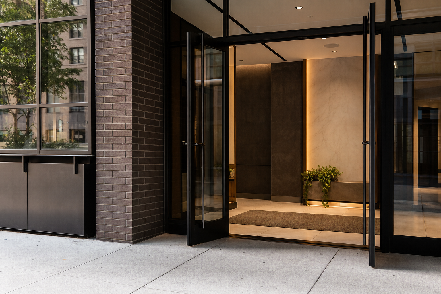 A NYC condo building lobby or facade detail — mid-range building, daytime, showing entry hardware, lobby finish quality, signage. Reinforces "what to look at" tactically.
