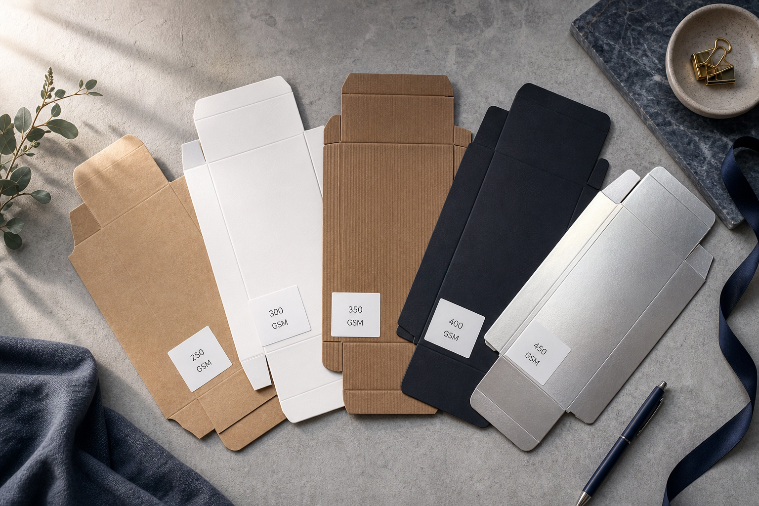 Overhead flat-lay on a neutral concrete-grey surface showing 5 unfolded packaging samples arranged in a fan — a kraft folding carton, a white virgin-fiber rigid box lid, a recycled brown corrugated piece, a soft-touch black premium sheet, and a metal